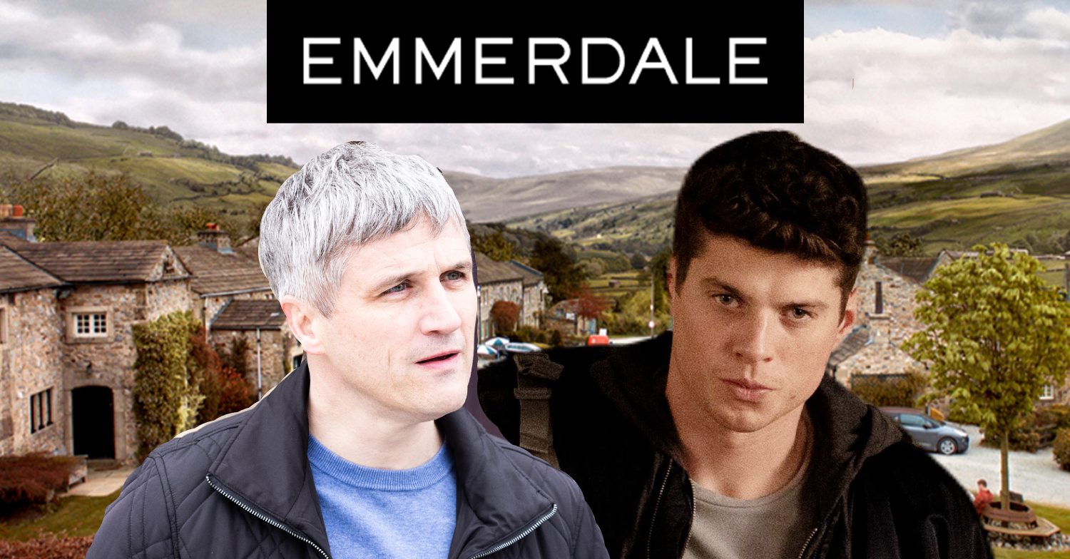 Emmerdale's Caleb, Nicky, the Emmerdale logo and background of the Dales