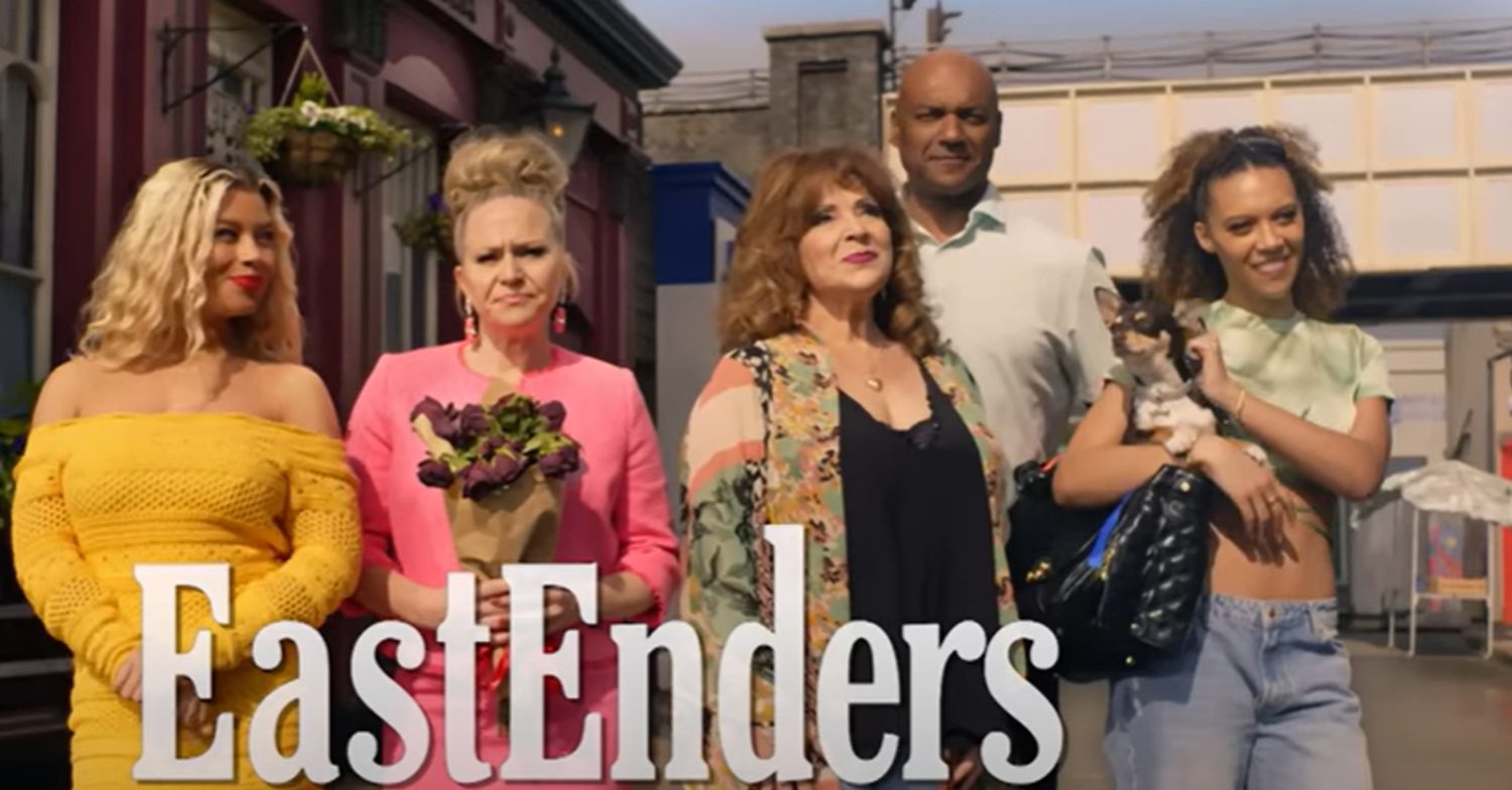 EastEnders' Anna, Linda, Elaine, George, Gina and Tyson, a bunch of roses and the EastEnders logo