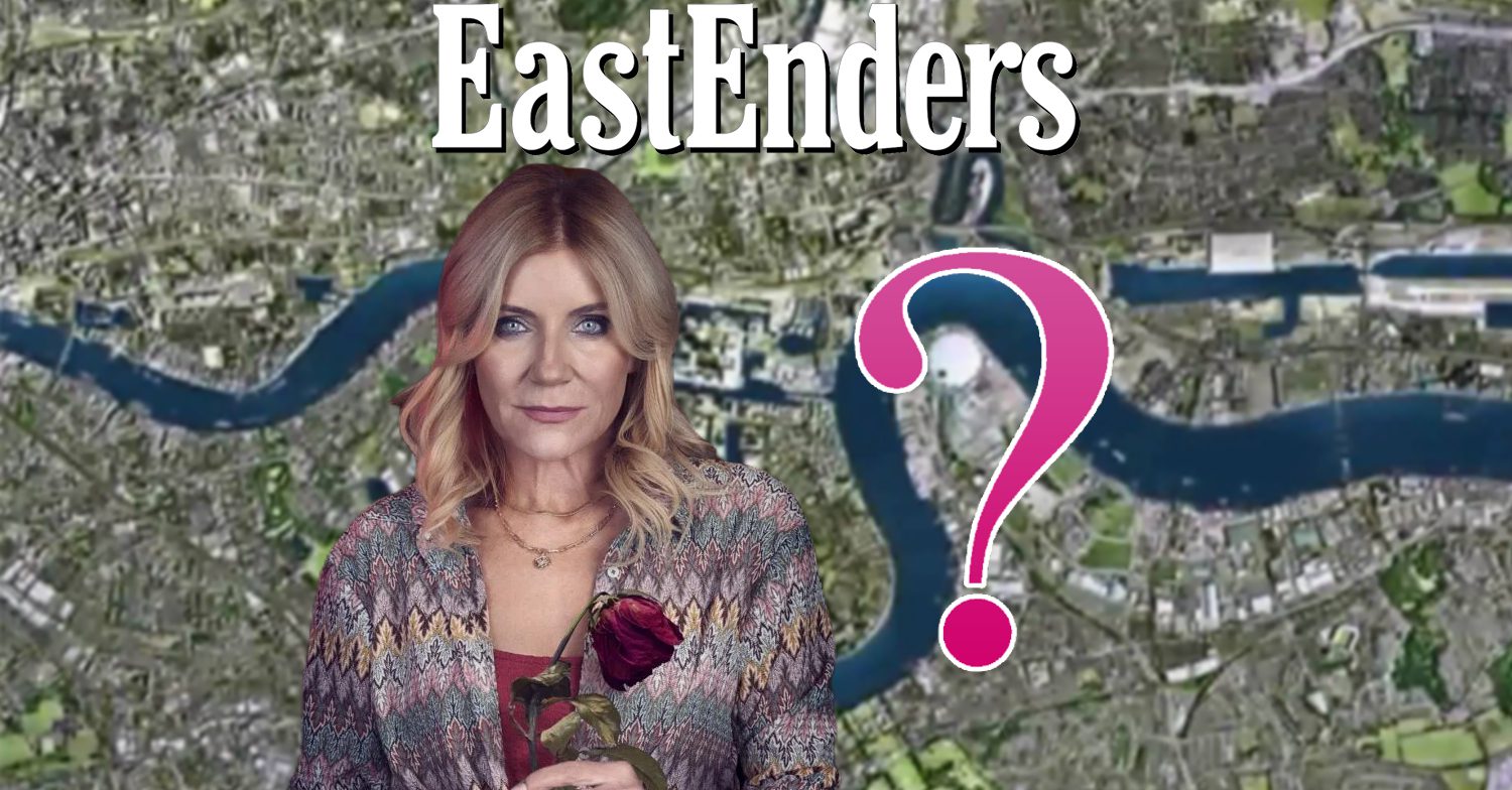 EastEnders' Cindy holding a rose, a pink question mark, the EastEnders logo and background of the Thames