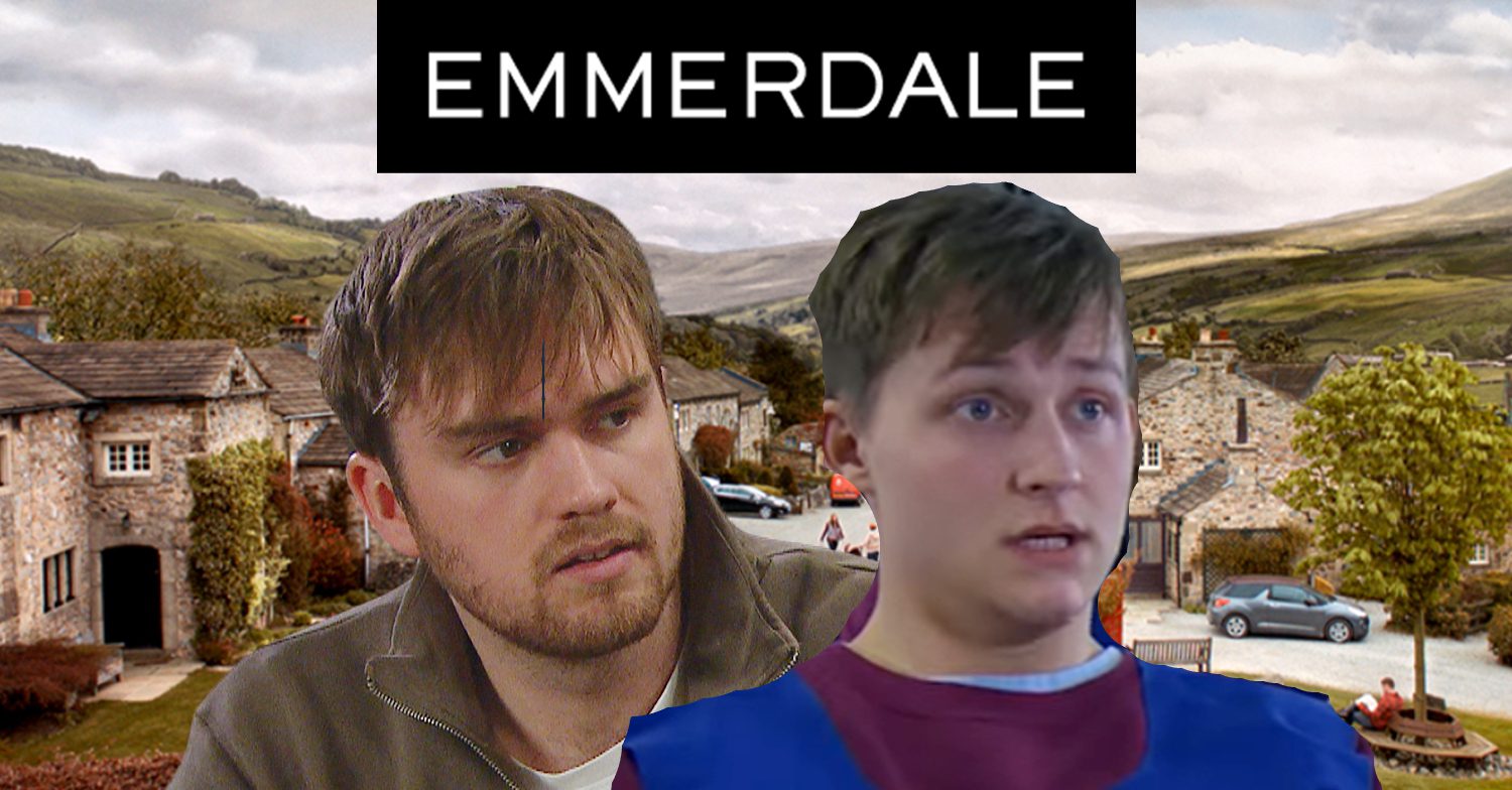 Emmerdale's Tom, Lachlan, the Emmerdale logo and background of the Dales
