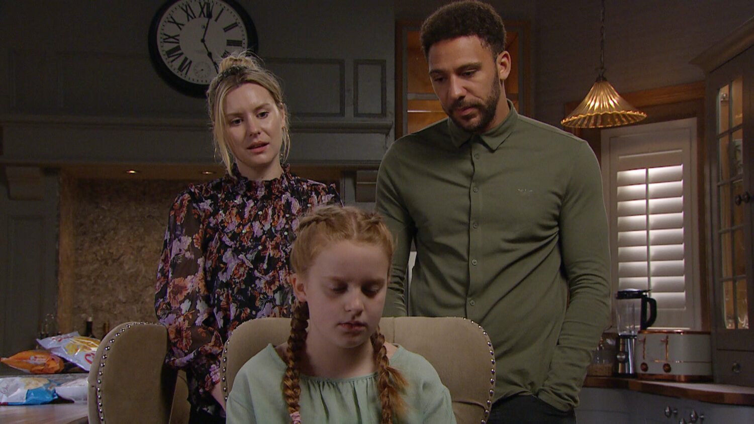 Dawn and Billy are worried as they try to explain to subdued Clemmie in Emmerdale