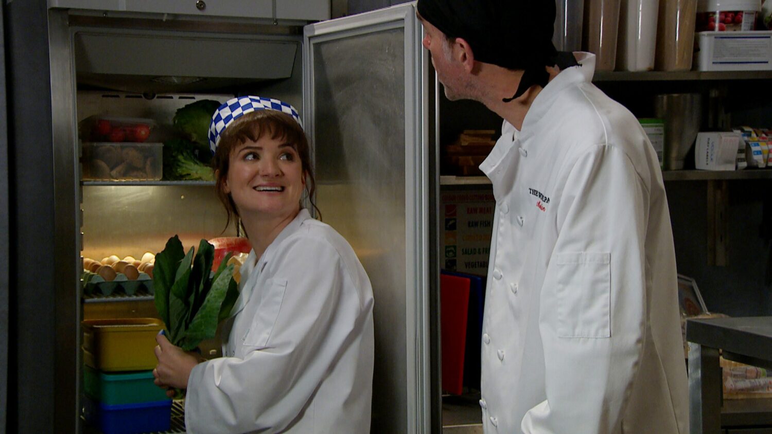 Emmerdale's Gail is smiling at Marlon in the Woolpack kitchen