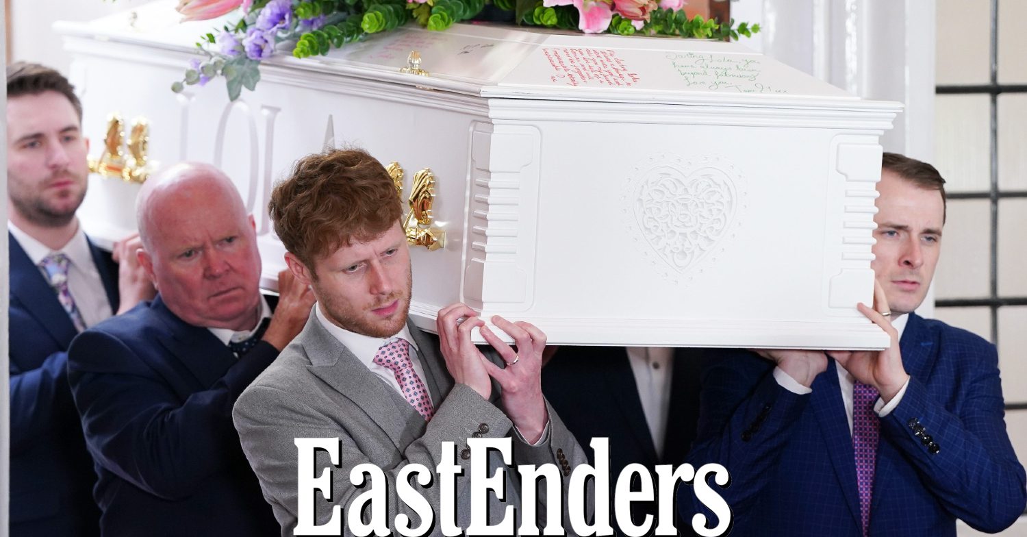 EastEnders' Callum, Phil, Jay and Ben are carrying Lola's coffin with the EastEnders logo