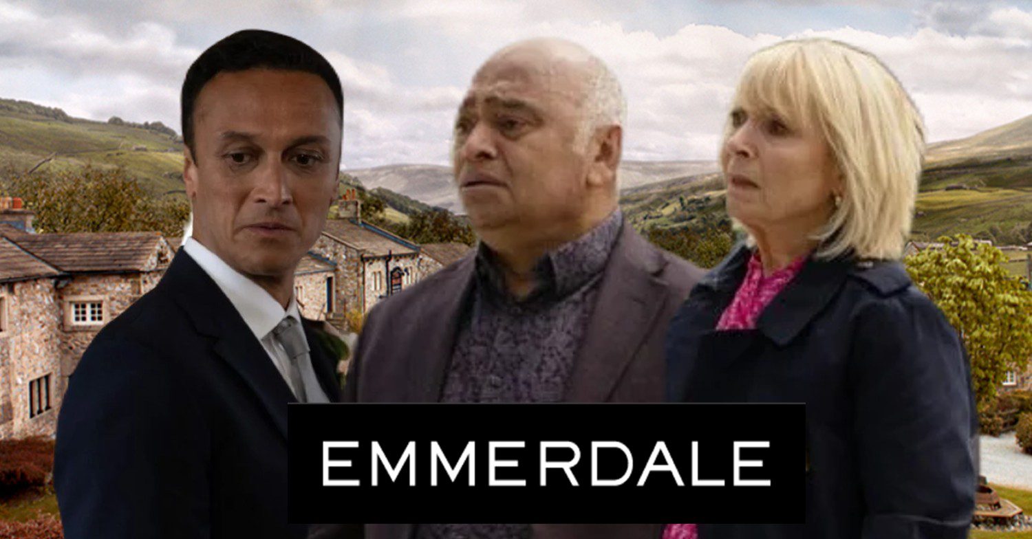 Emmerdale Jai's real dad comp image: Jai, Rishi, Georgia on Emmerdale background with logo