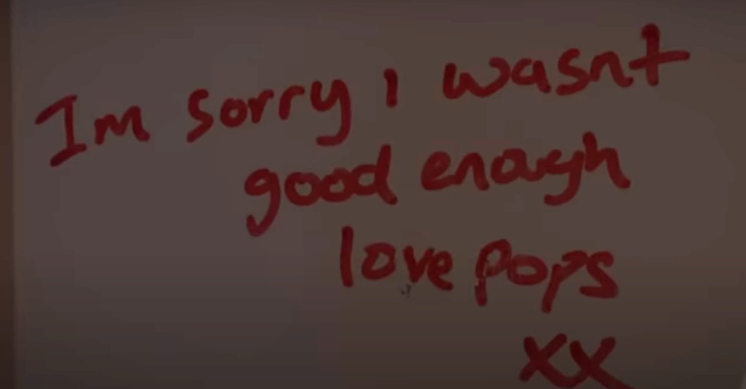 Billy's message in EastEnders 'I'm sorry I wasn't good enough love Pops xx' written in red on her white coffin