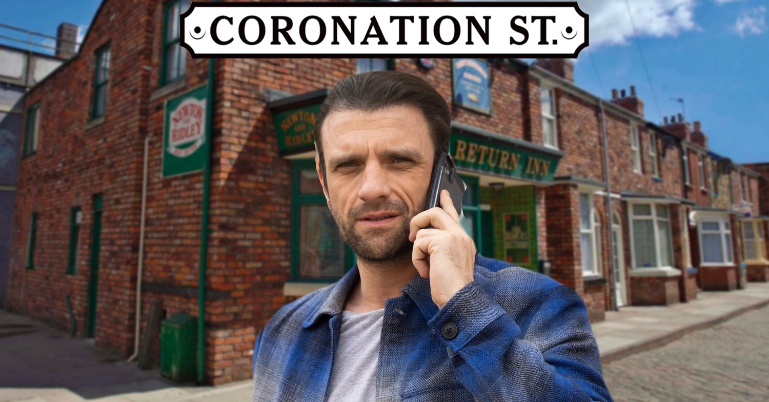 Coronation Street's Damon is on the phone, the Coronation Street logo and background of the Rovers