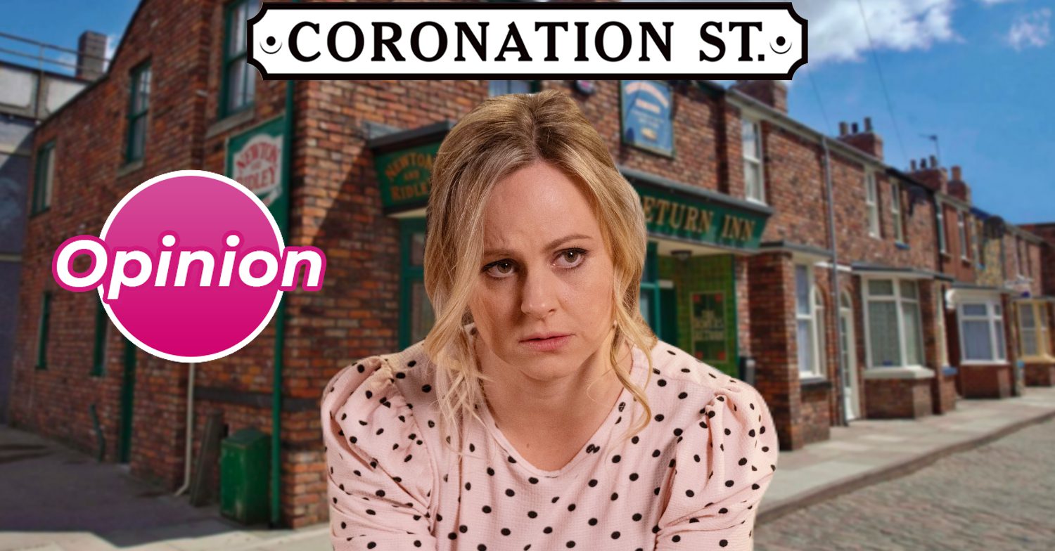 Coronation Street's Sarah, an opinion bubble, the Coronation Street logo and background of the Rovers