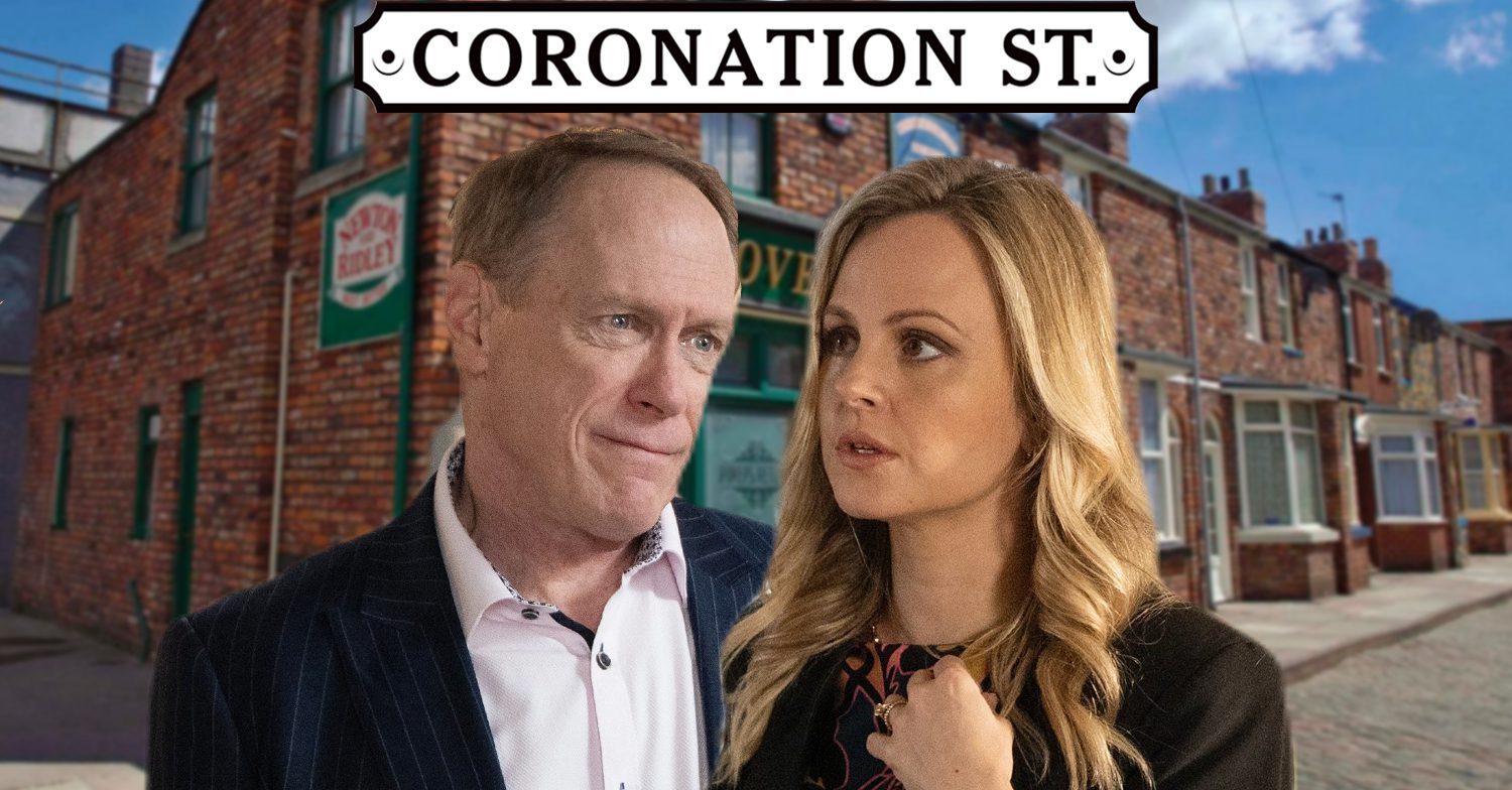 Coronation Street's Stephen, Sarah, the Coronation Street logo and background of the Rovers