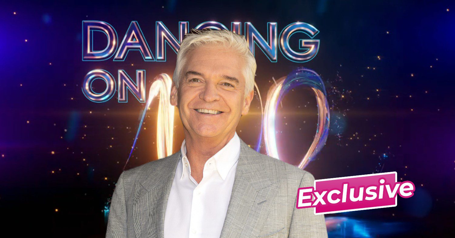 Phillip Schofield smiling in front of Dancing On Ice logo