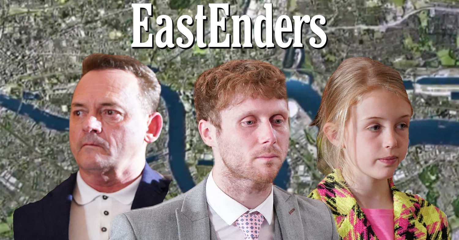 EastEnders' Billy, Jay and Lexi, the EastEnders logo and background of the Thames