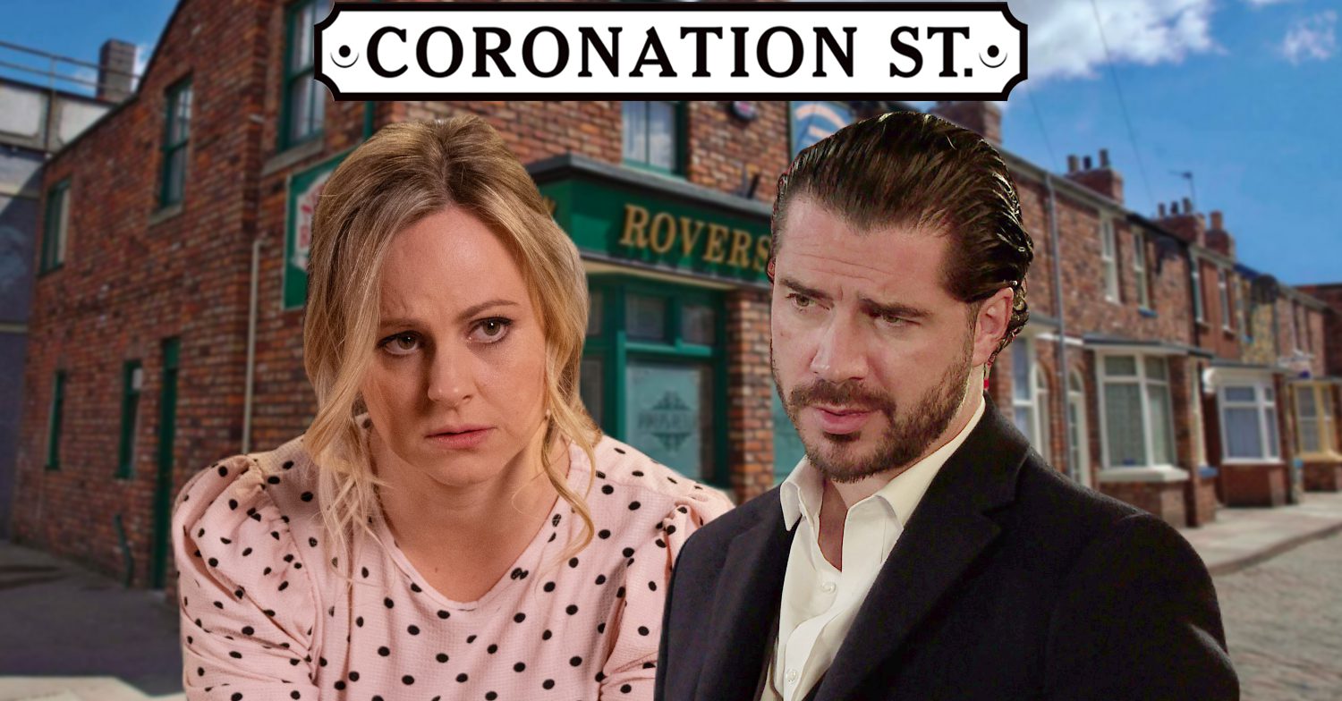 Coronation Street's Sarah, Adam, the Coronation Street logo and background of the Rovers
