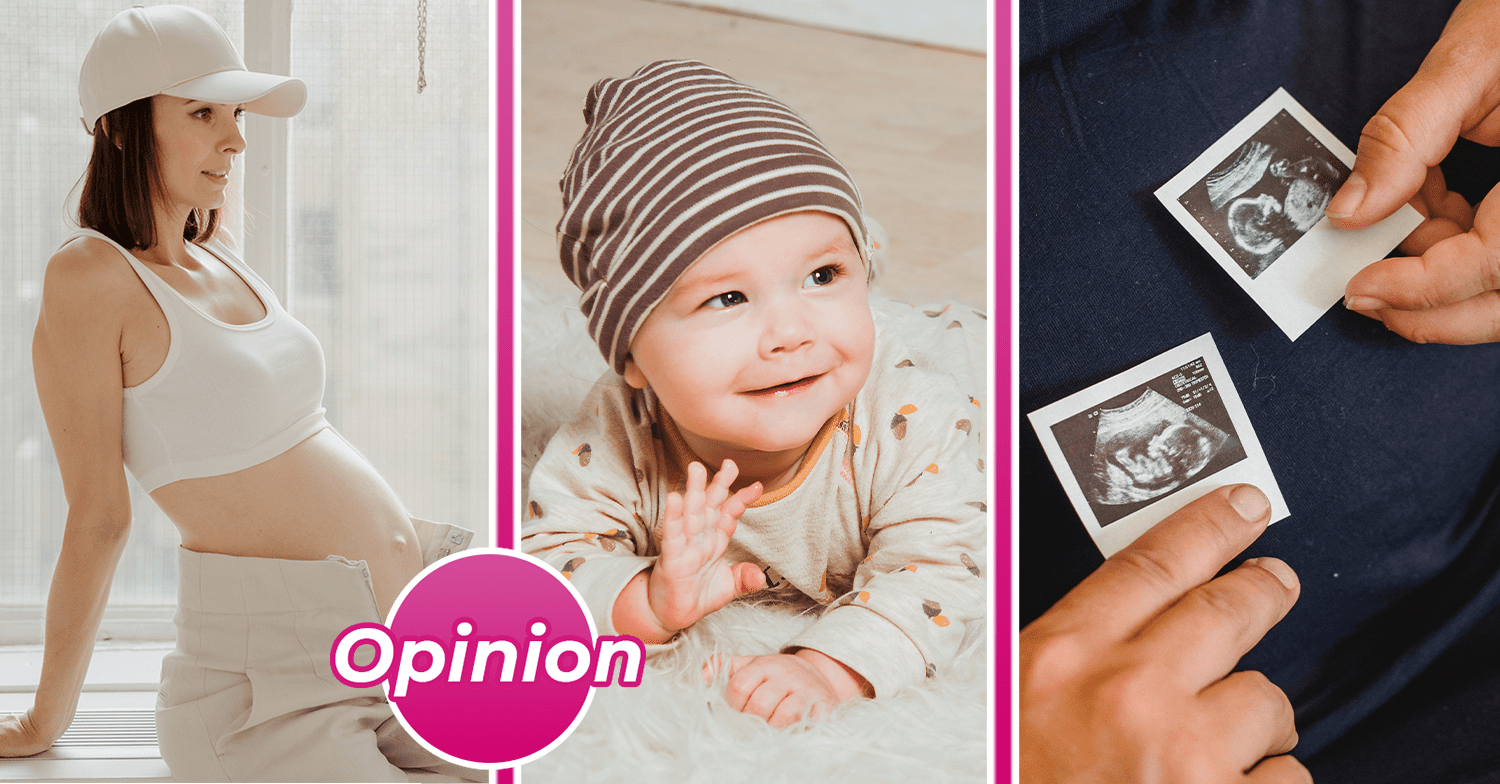 Pregnant woman, a baby waving and ultrasound scans
