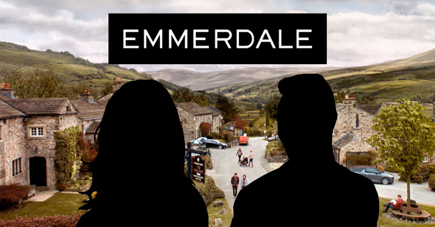 Emmerdale village and background with male and female silhouettes (Credit: ITV/Composite: ED!)