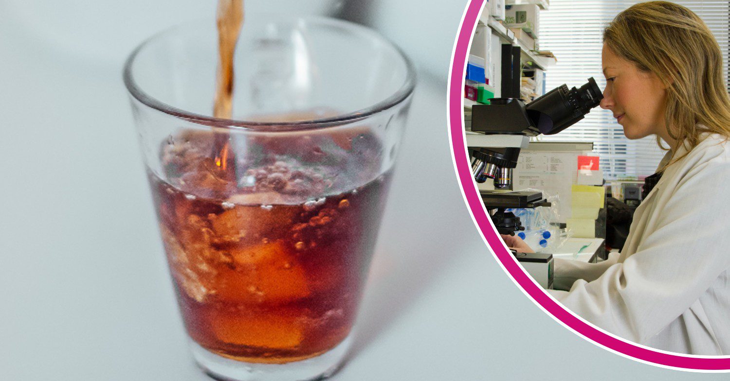 Diet coke being poured/researcher in the lab