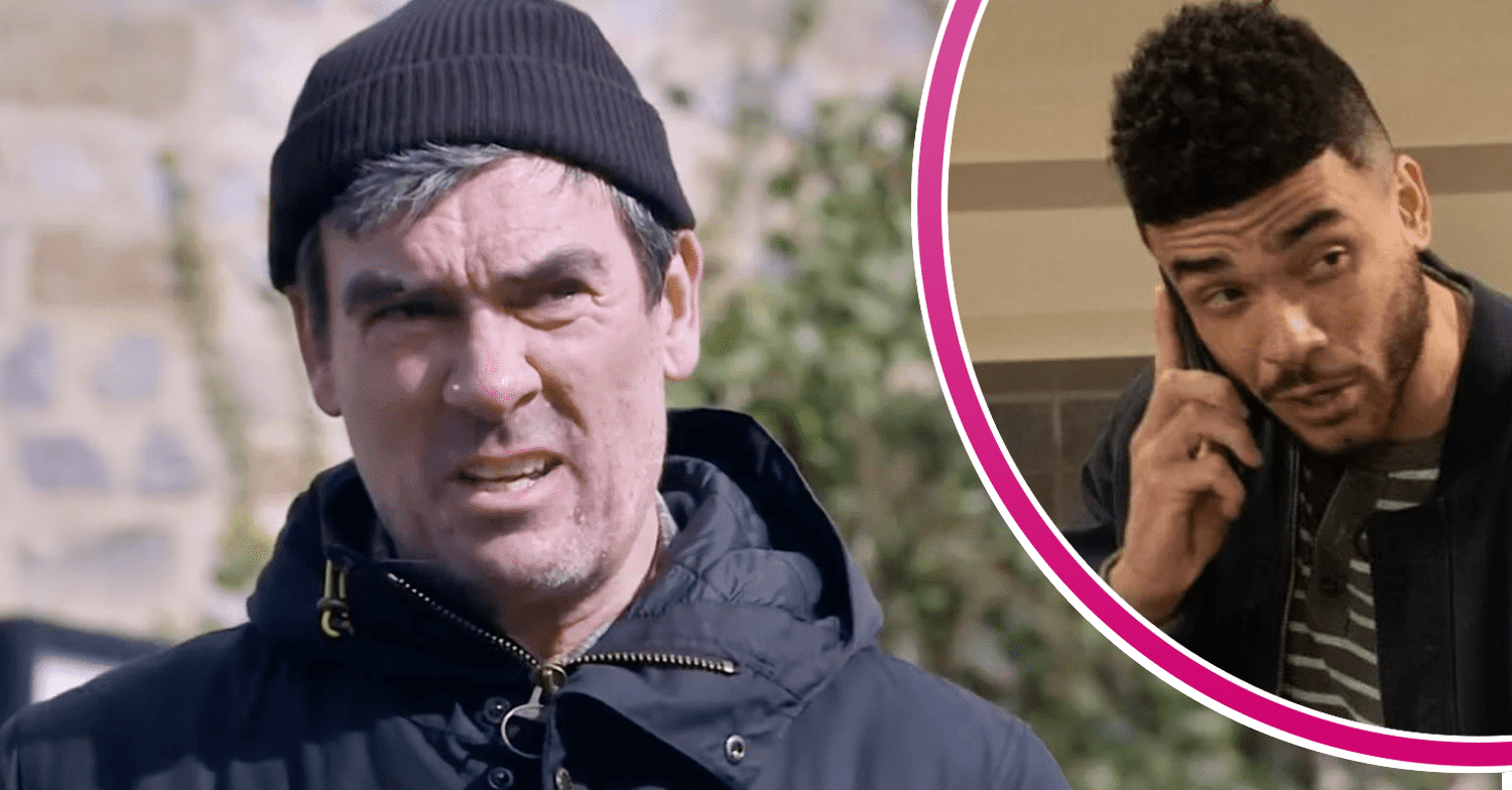 Cain looking suspicious on Emmerdale; inset, Nate on the phone, acting shady (Credit: ITV/Composite: ED!)