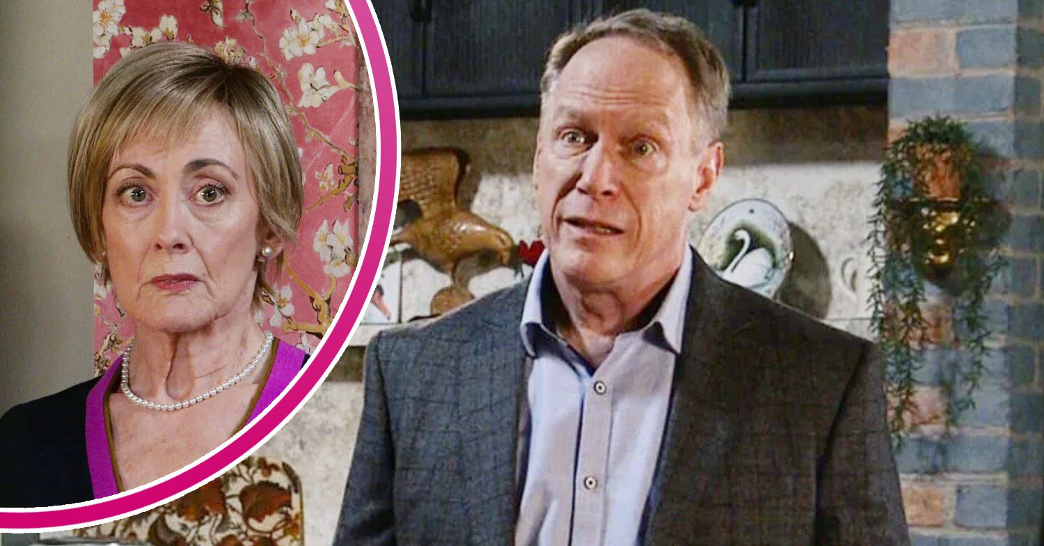 Stephen looks flustered on Coronation Street; inset, Elaine glares (Credit: ITV/Composite: ED!)