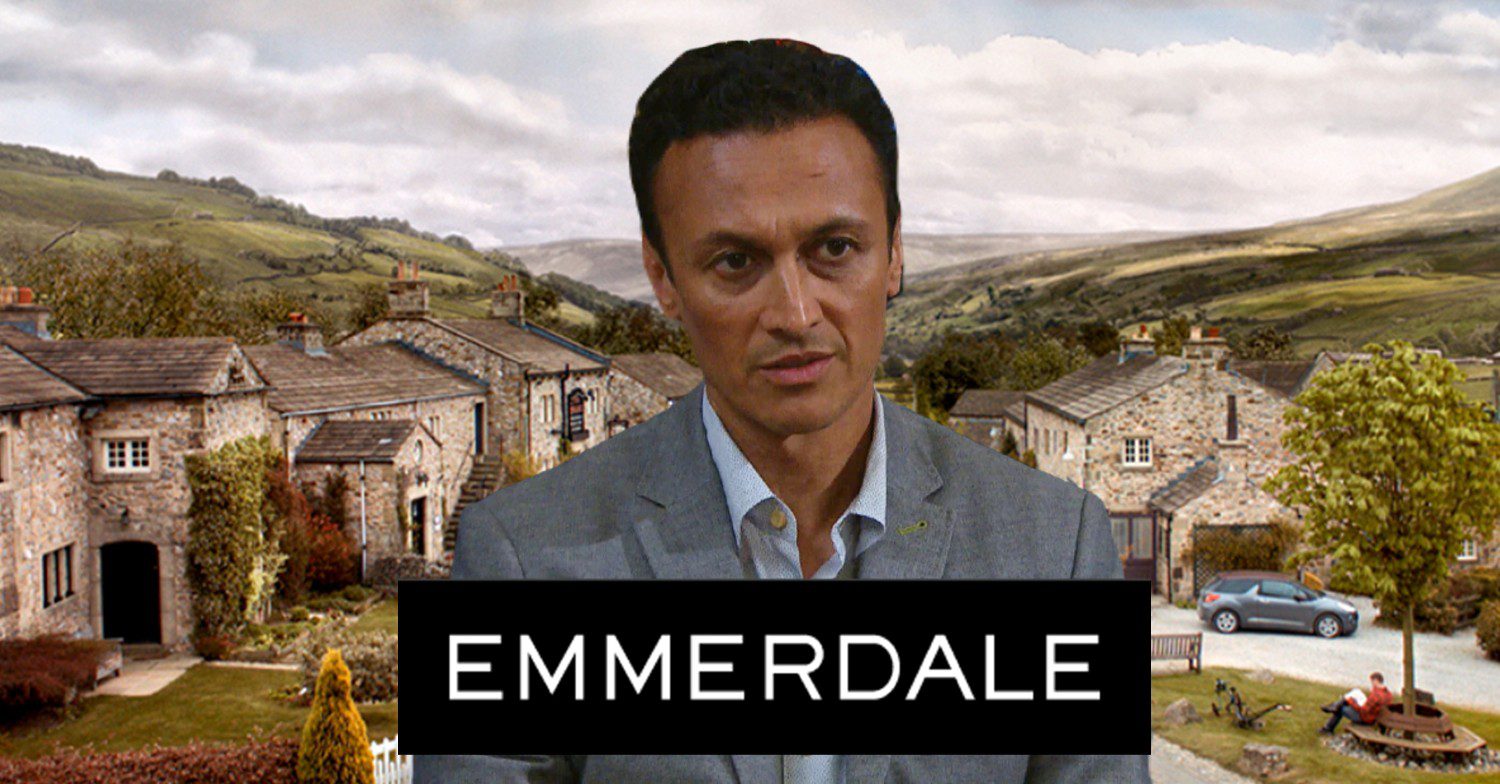 Jai looking worried on Emmerdale against show logo and background (Credit: ITV/Composite: ED!)