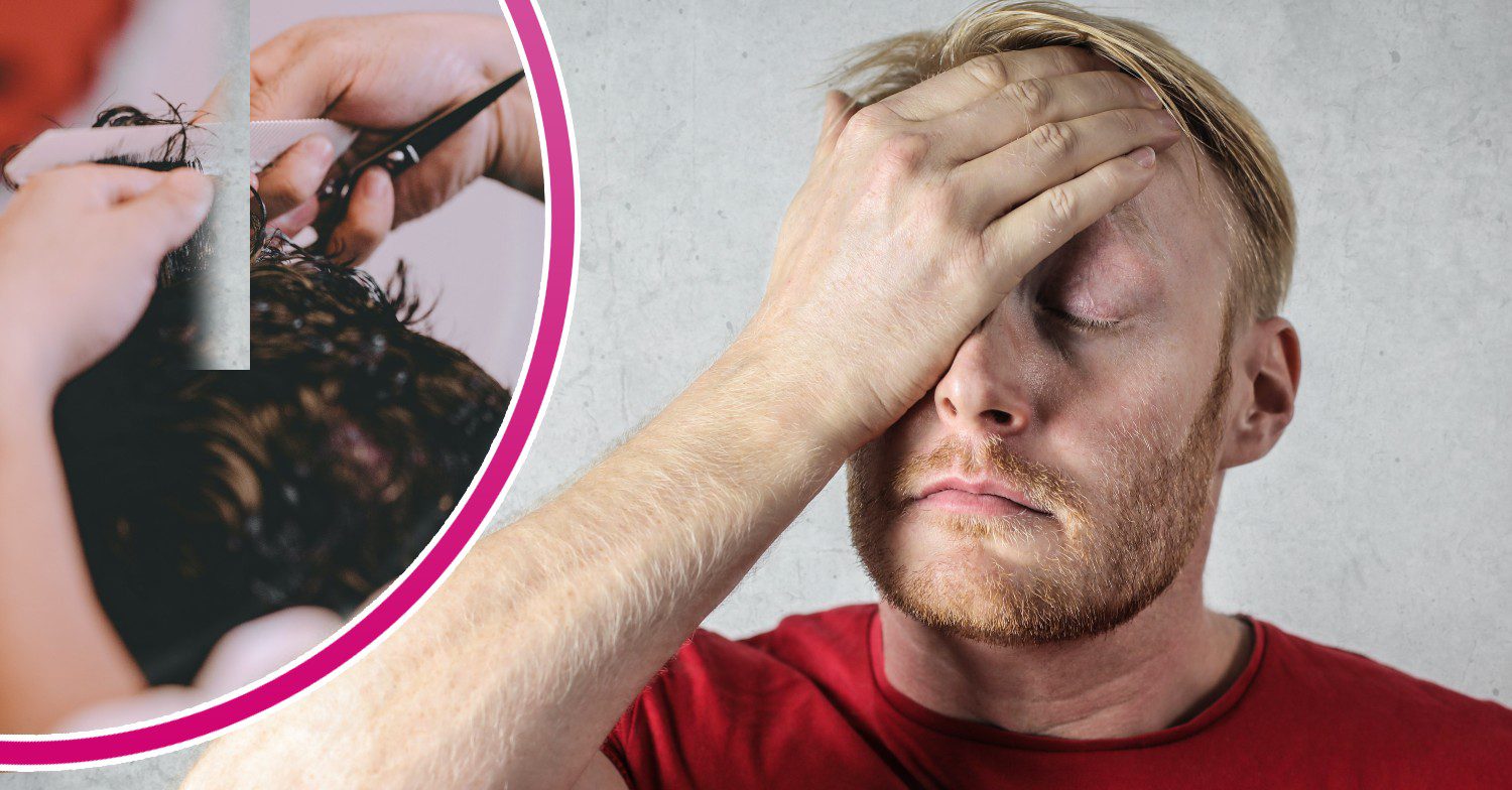 Someone's hair being cut and a man looking worried