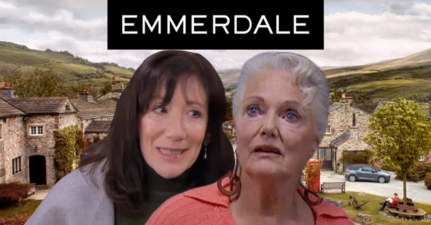 Emmerdale's Faye, Mary, the Emmerdale logo and background of the Dales