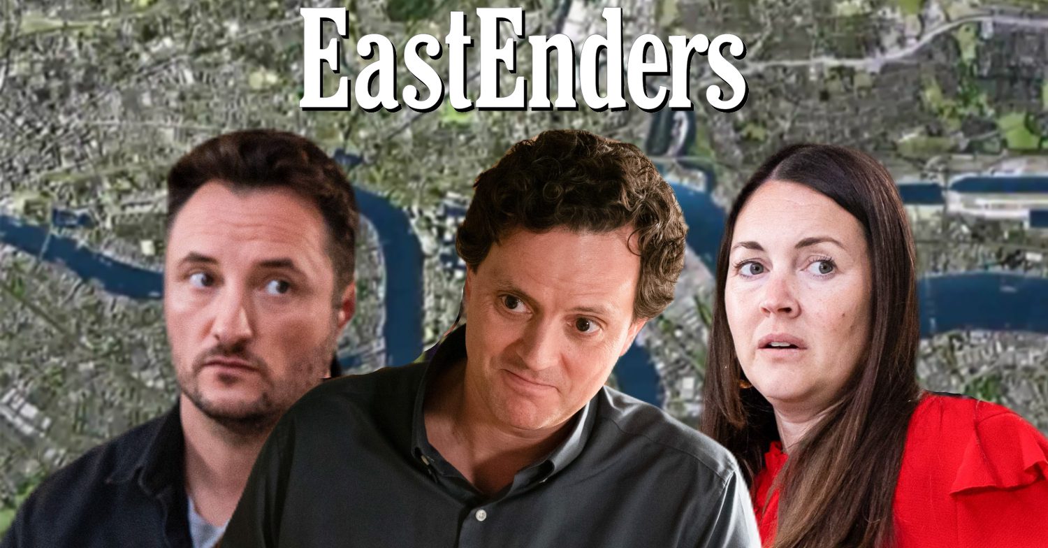 EastEnders' Martin, Theo and Stacey, the EastEnders logo and background of the Thames