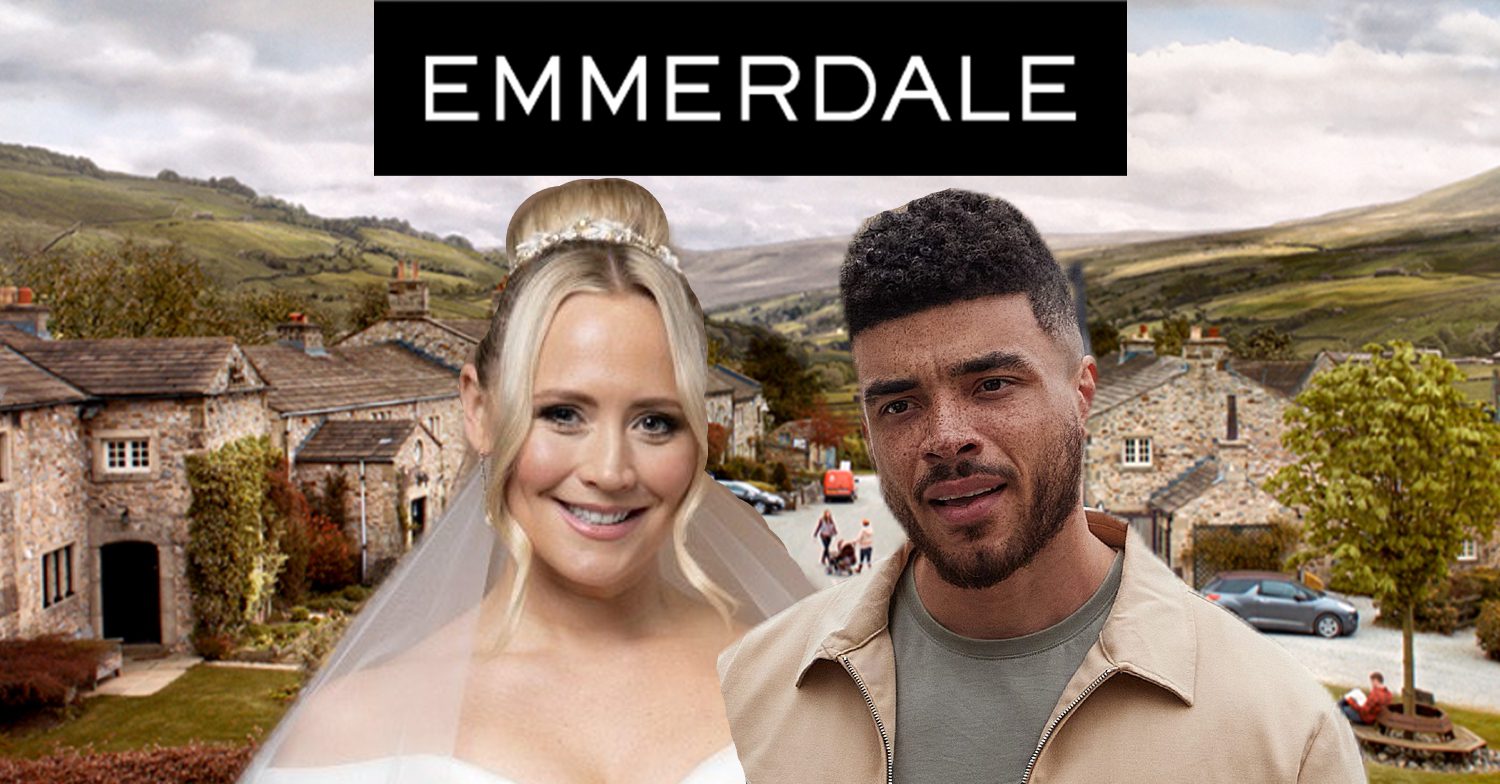 Emmerdale's Tracy in a wedding dress, Nate, the Emmerdale logo and background of the Dales