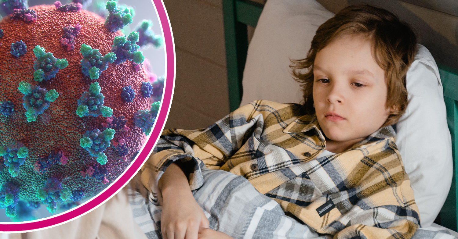A child in bed looking sick and graphic of a virus inset