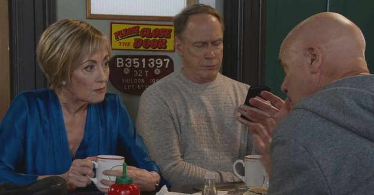 Coronation Street's Elaine, Stephen and the Tai Chi instructor are sitting in Roy's
