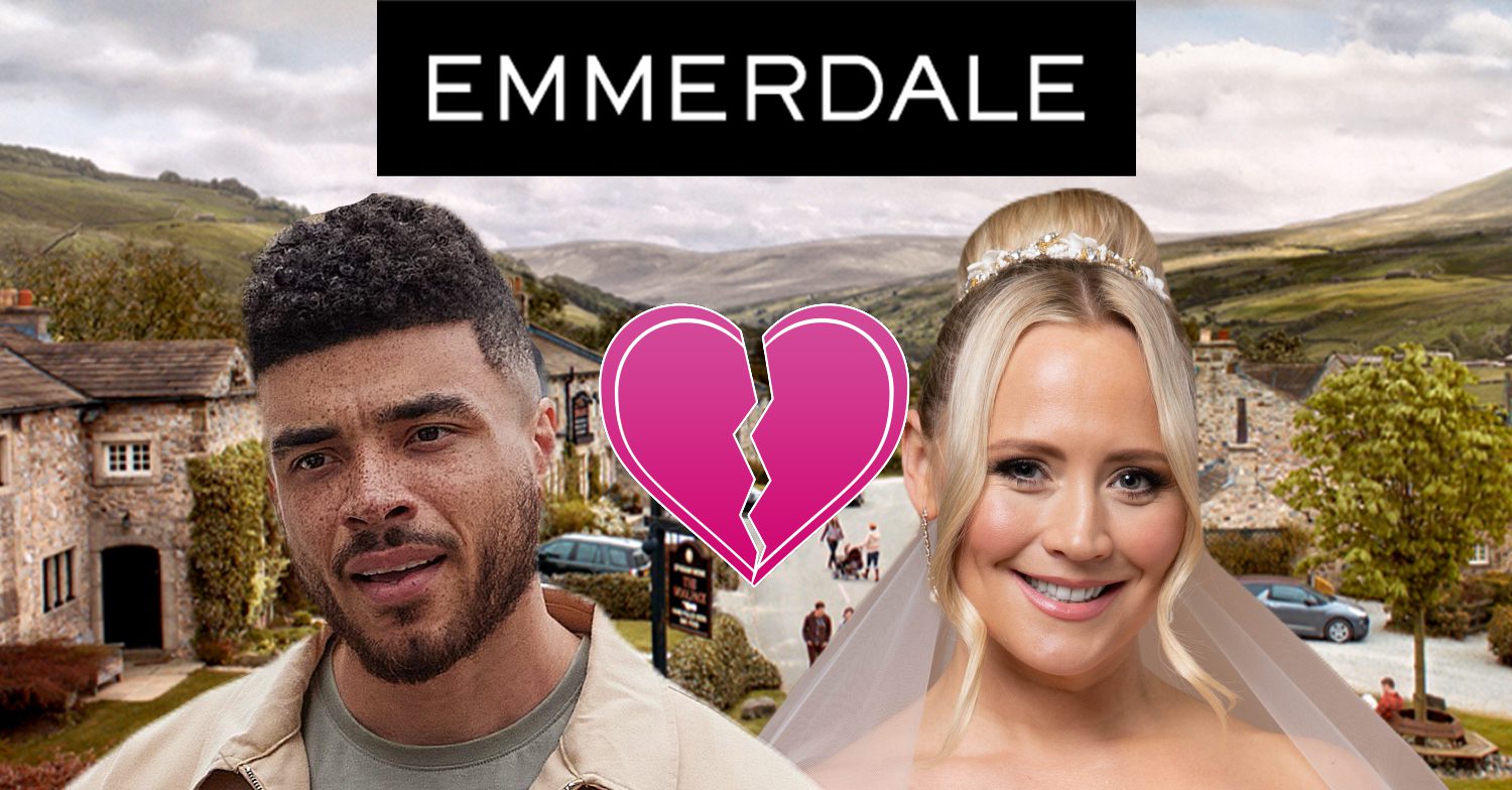 Emmerdale's Nate, Tracy in a veil, a broken heart, the Emmerdale logo and background of the Dales