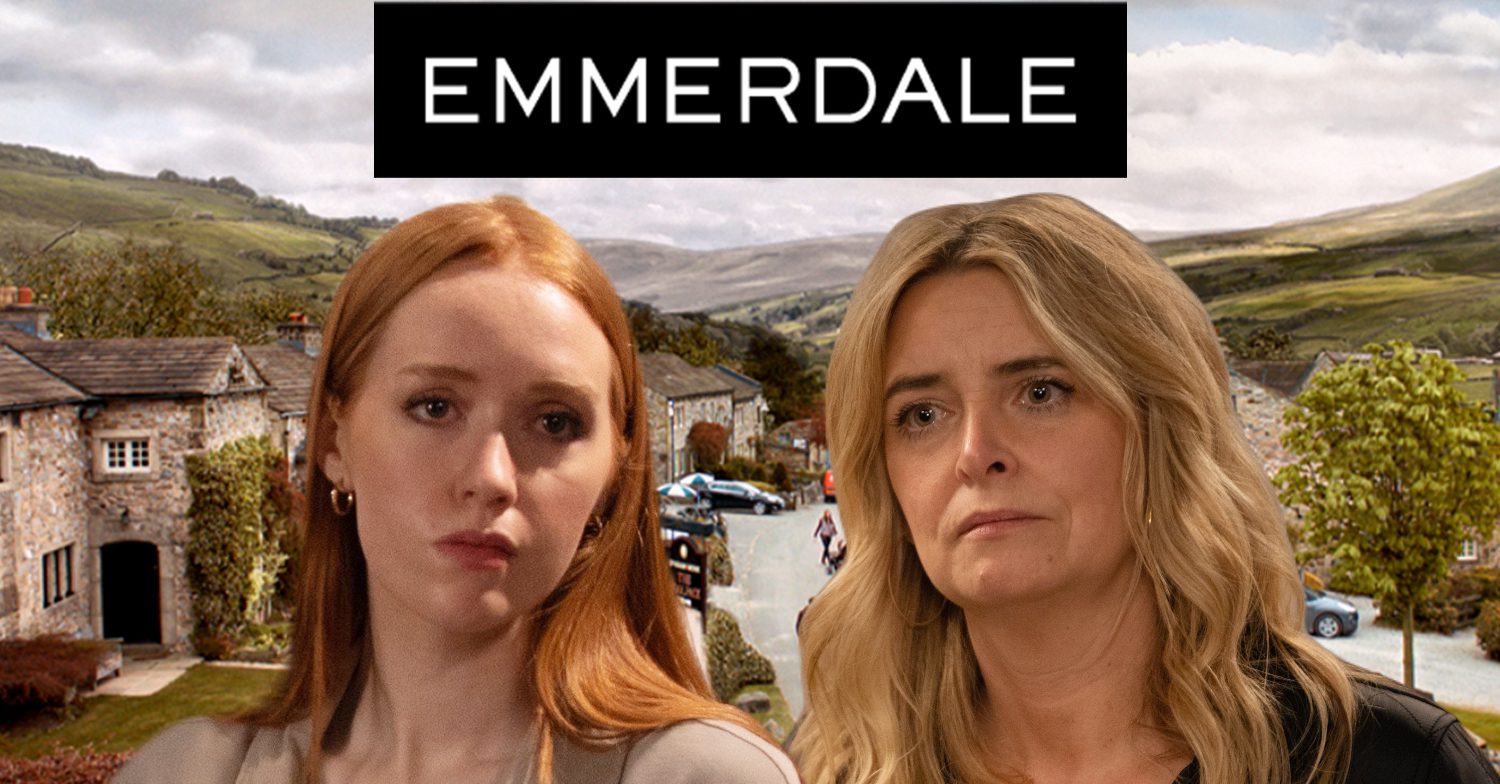 Emmerdale's Chloe, Charity, the Emmerdale logo and background of the Dales