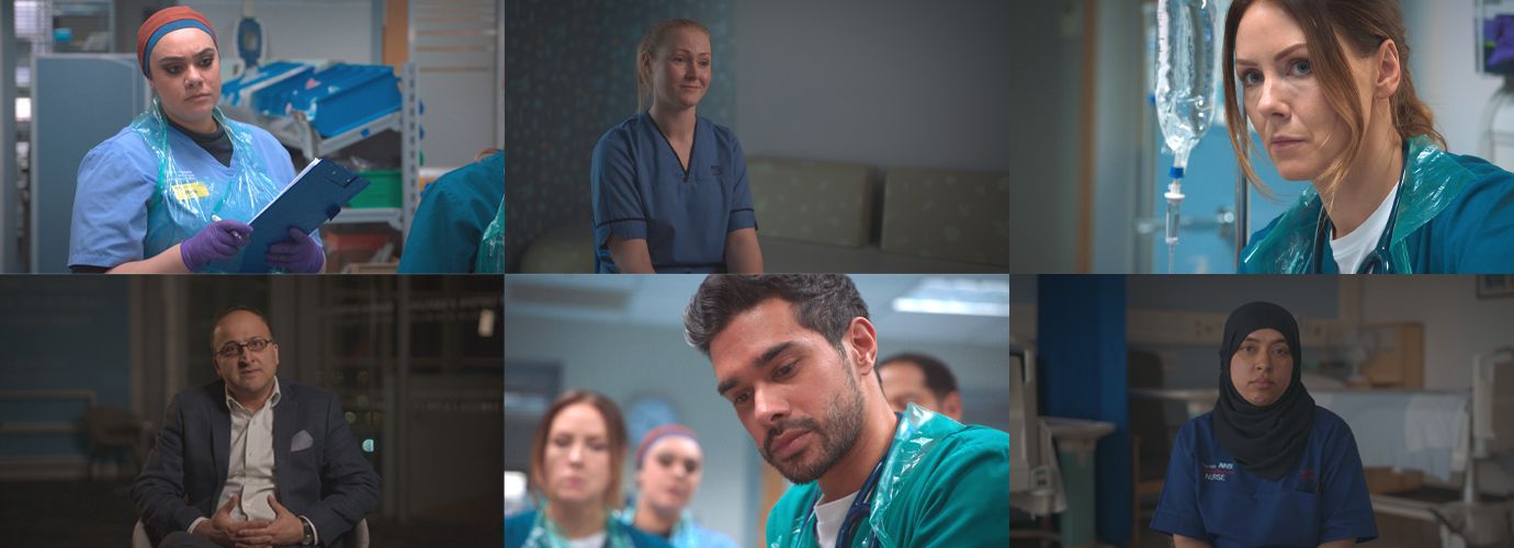 Different images of Casualty characters in the ED