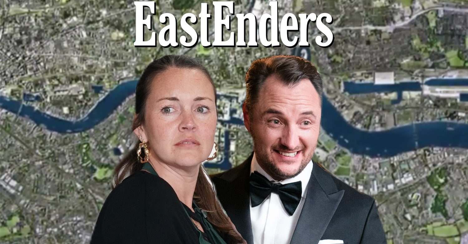 EastEnders' Stacey, Martin, the EastEnders logo and background of the Thames