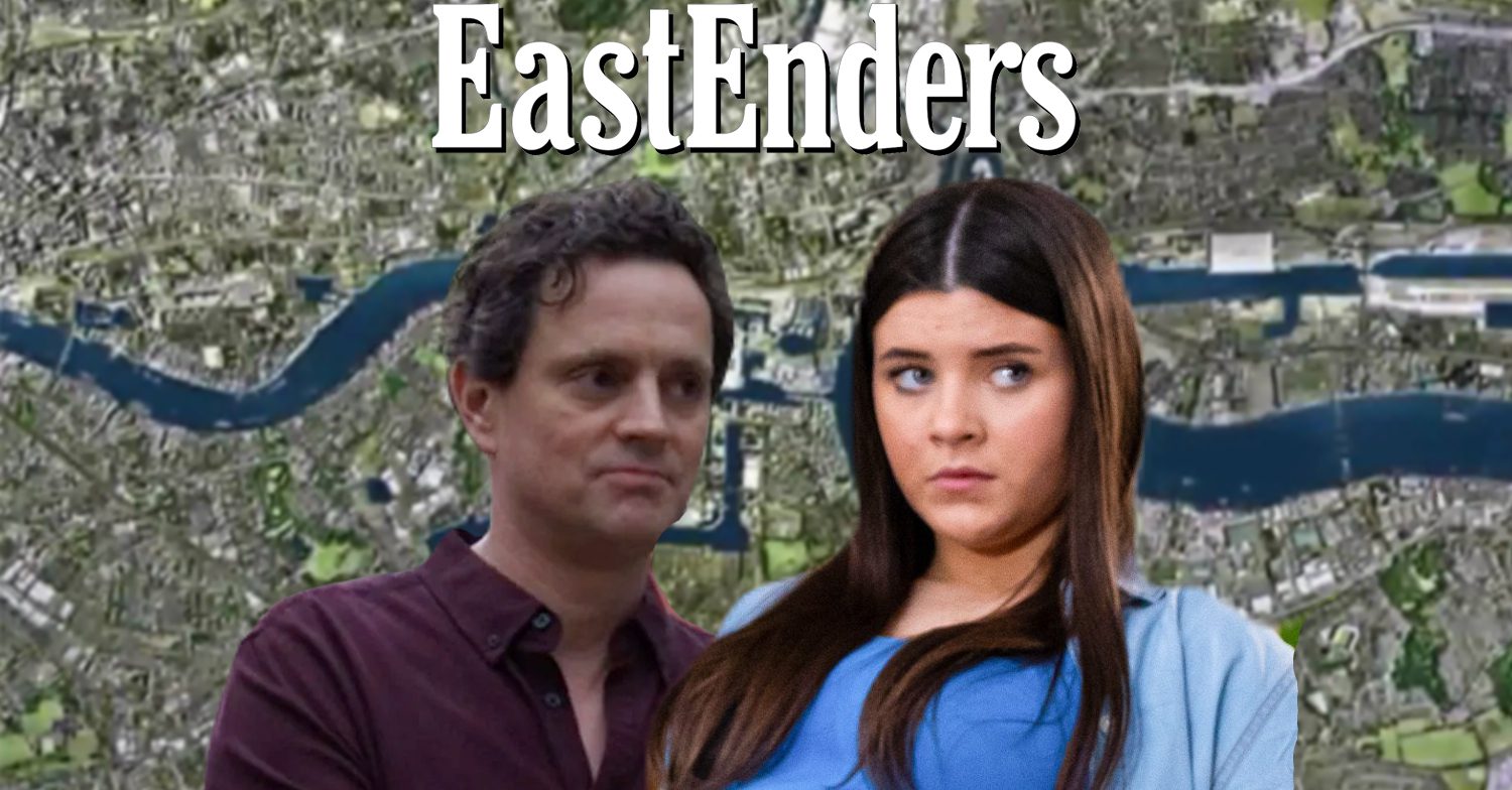 EastEnders' Theo, Lily, the EastEnders logo and background of the Thames