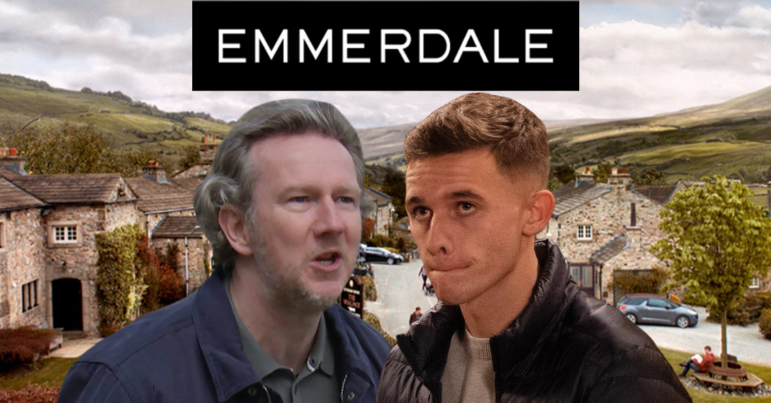 Emmerdale's Lloyd, Jacob, the Emmerdale logo and the background of the Dales