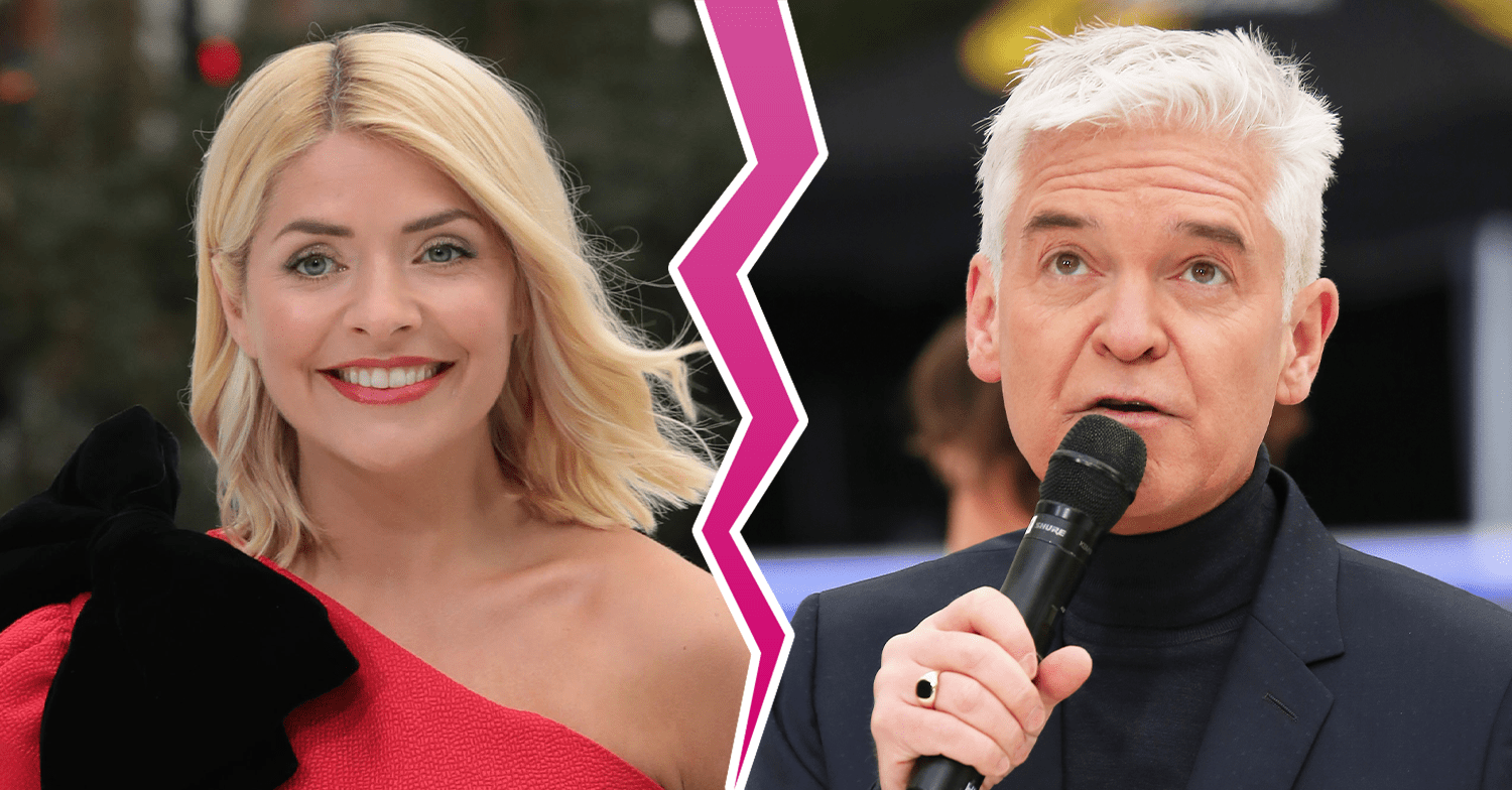 Holly Willoughby and Phillip Schofield separated by a pink crack
