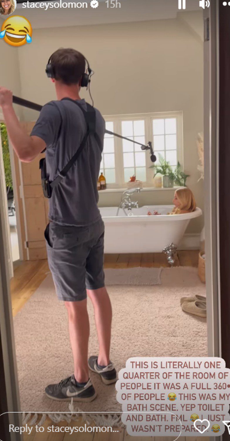 Stacey Solomon filming an advert in the bath