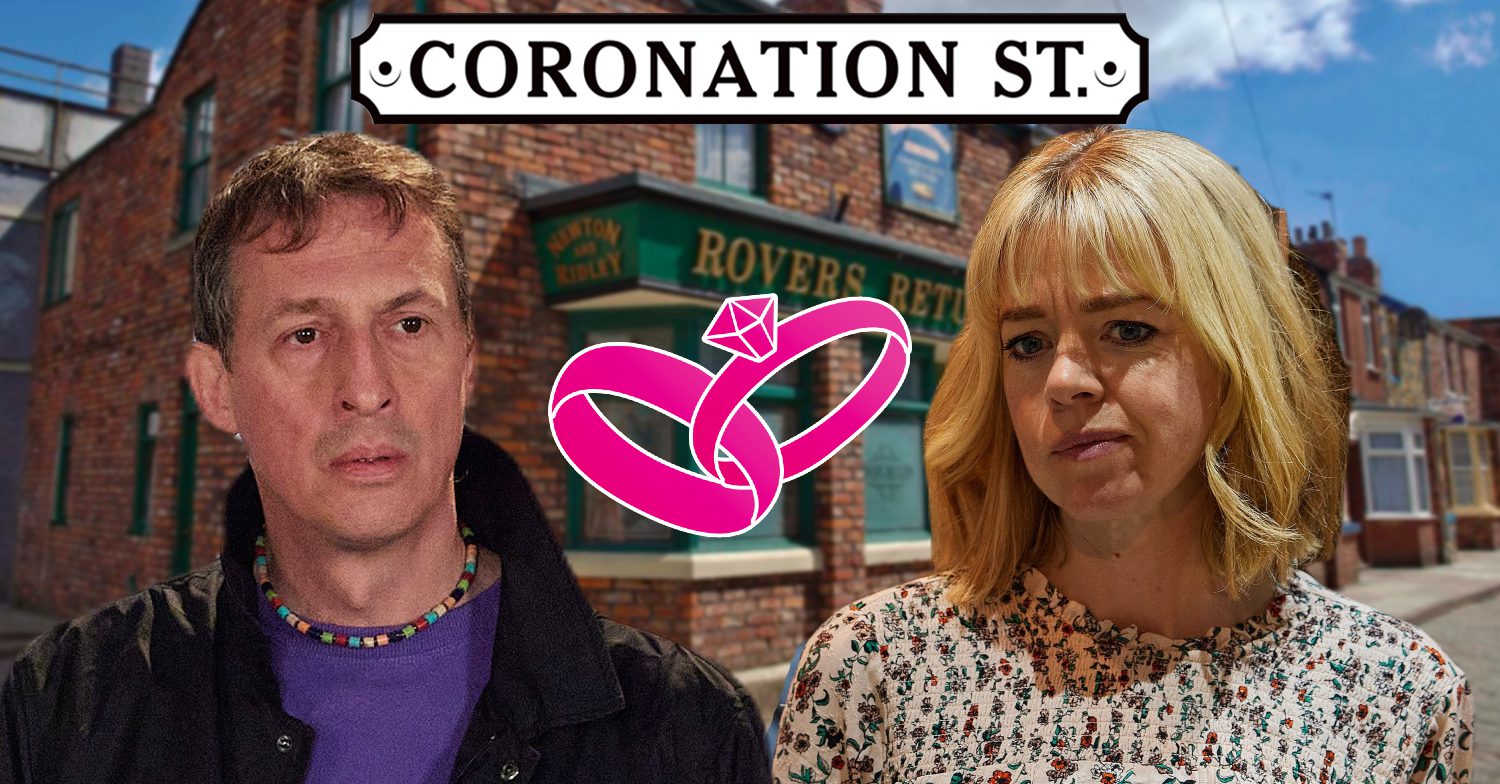 Coronation Street's Spider, Toyah, a set of pink wedding rings, the Coronation Street logo and background of the Rovers