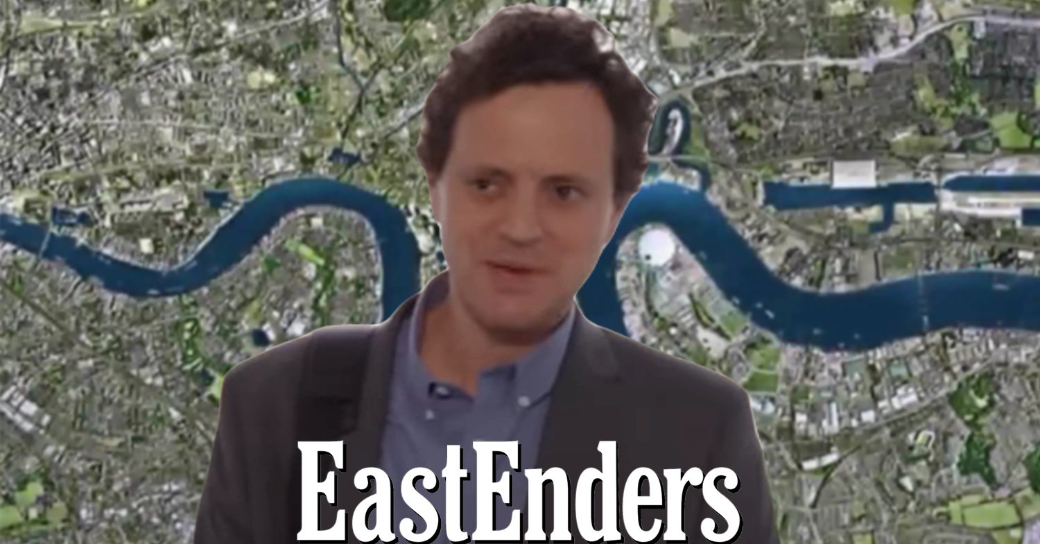 EastEnders' Theo, the EastEnders logo and background of the Thames