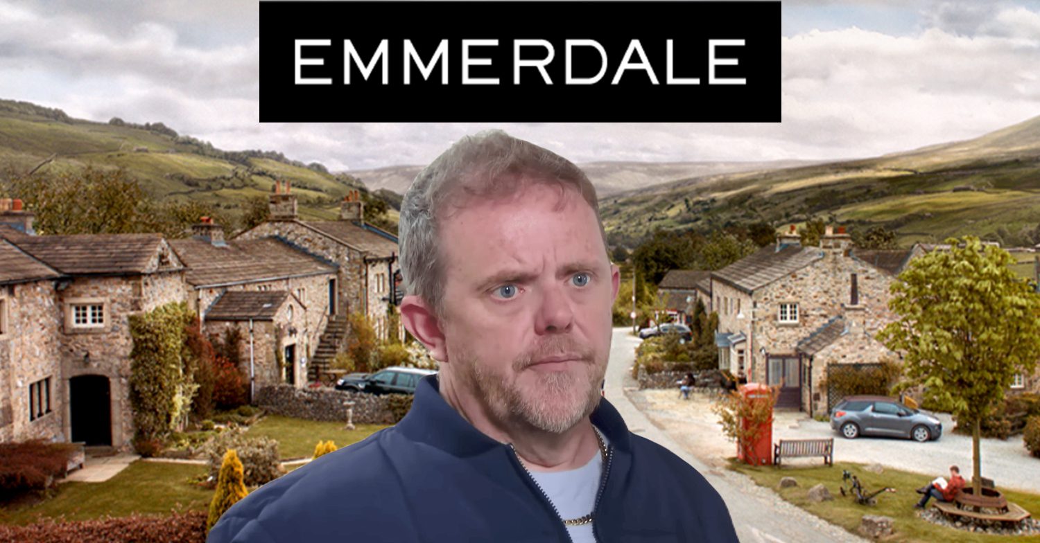 Emmerdale's Dan, the Emmerdale logo and background of the Dales