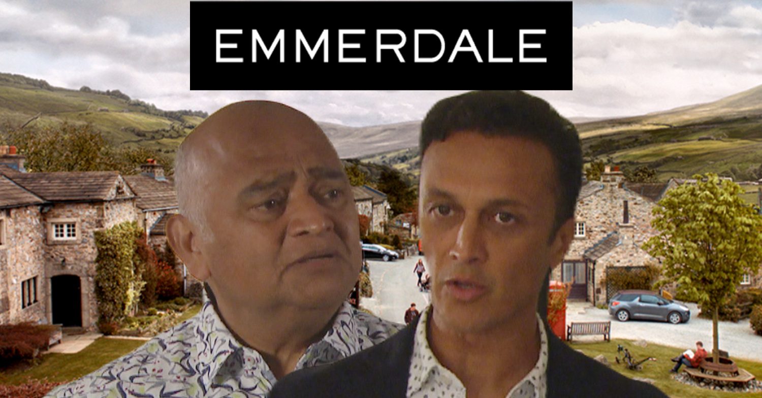 Emmerdale's Rishi, Jai, the Emmerdale logo and background of the Dales