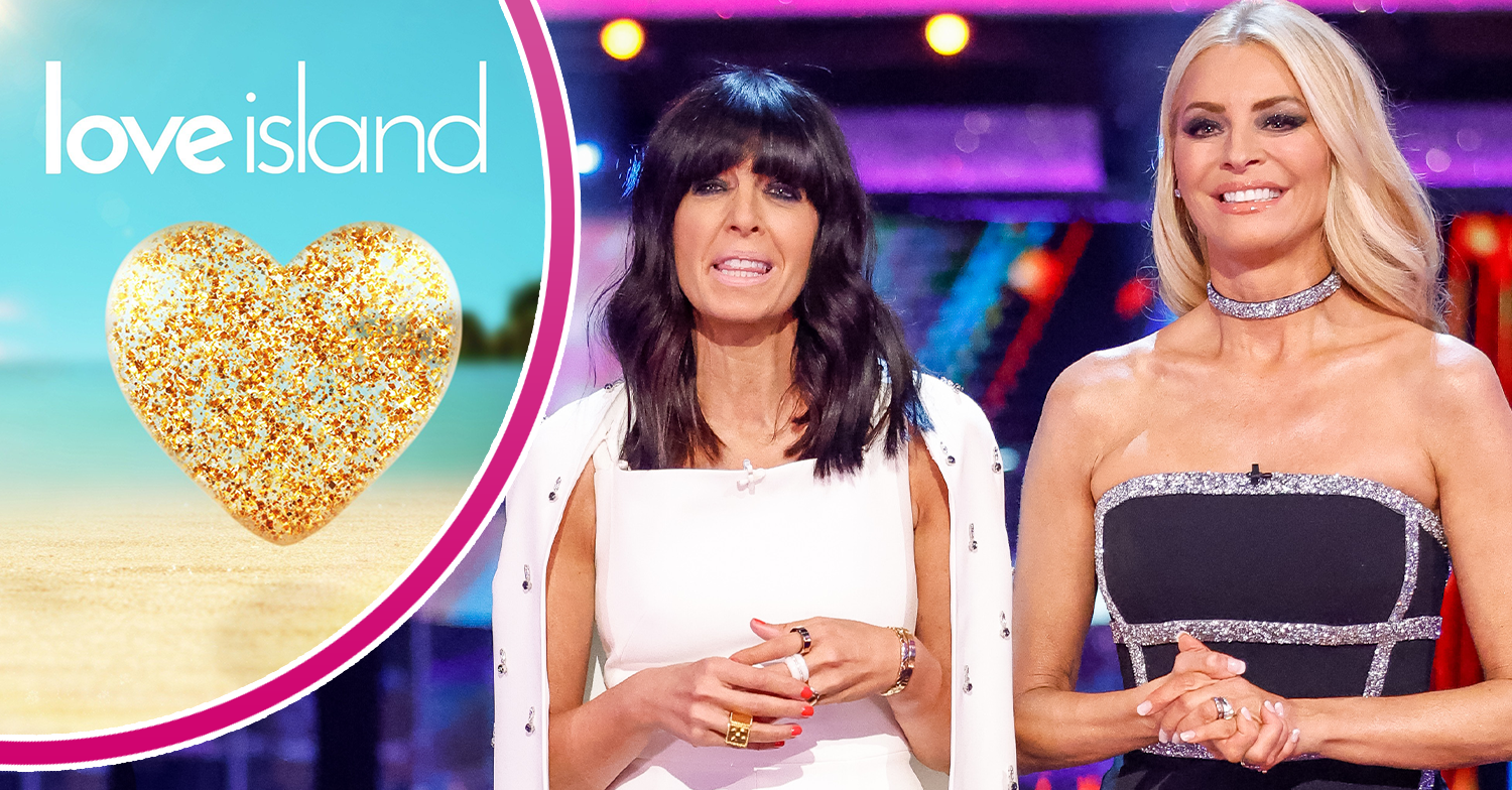 Claudia Winkleman and Tess Daly presenting Strictly Come Dancing and the Love Island logo inset