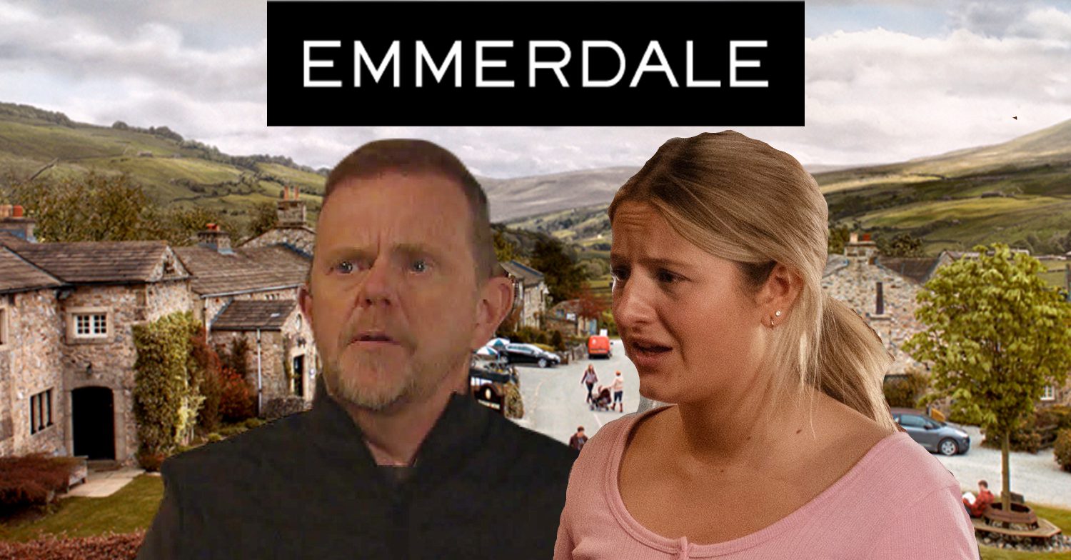 Emmerdale's Dan, Amelia, the Emmerdale logo and background of the Dales