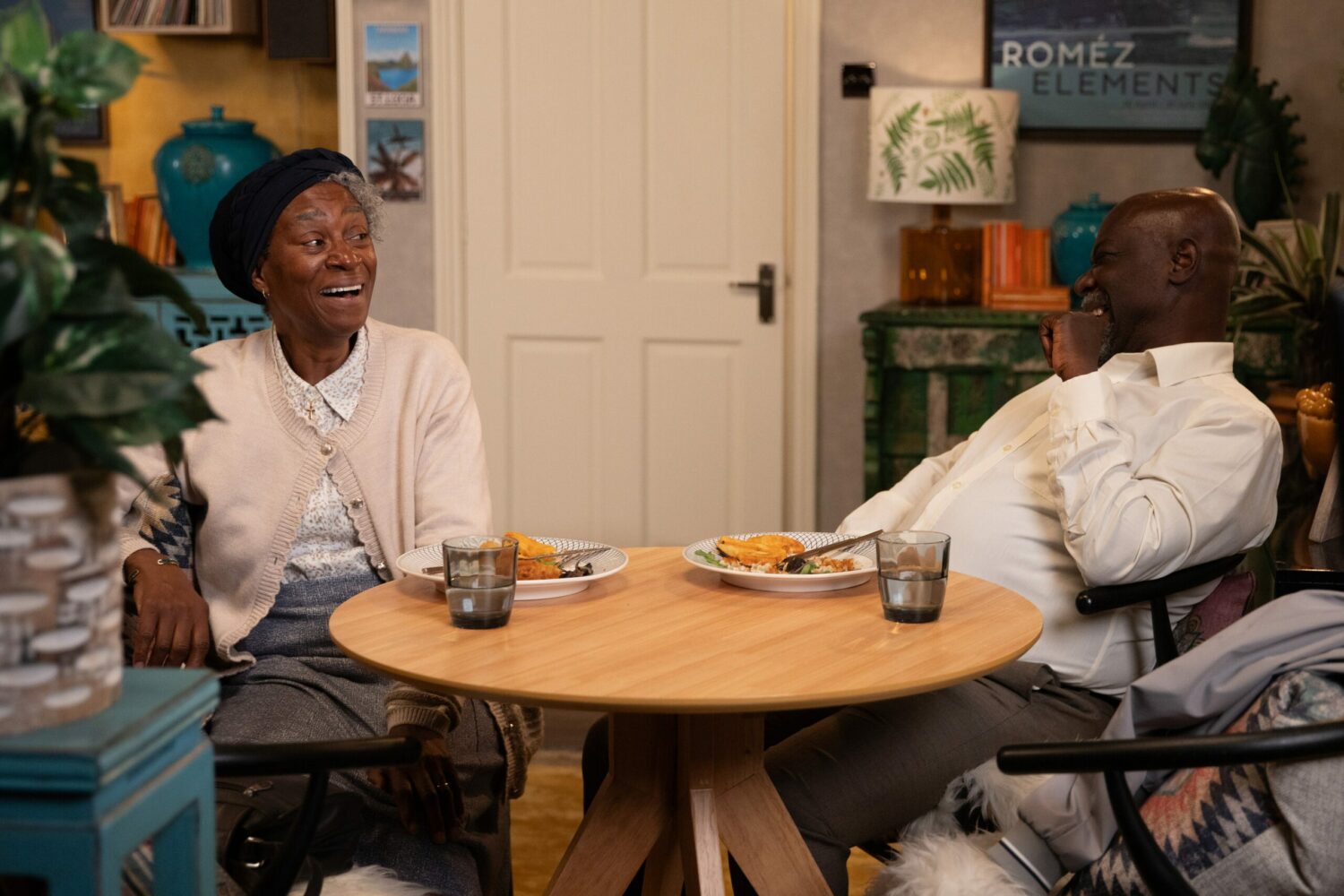 Claudette and Victor laugh together in Emmerdale