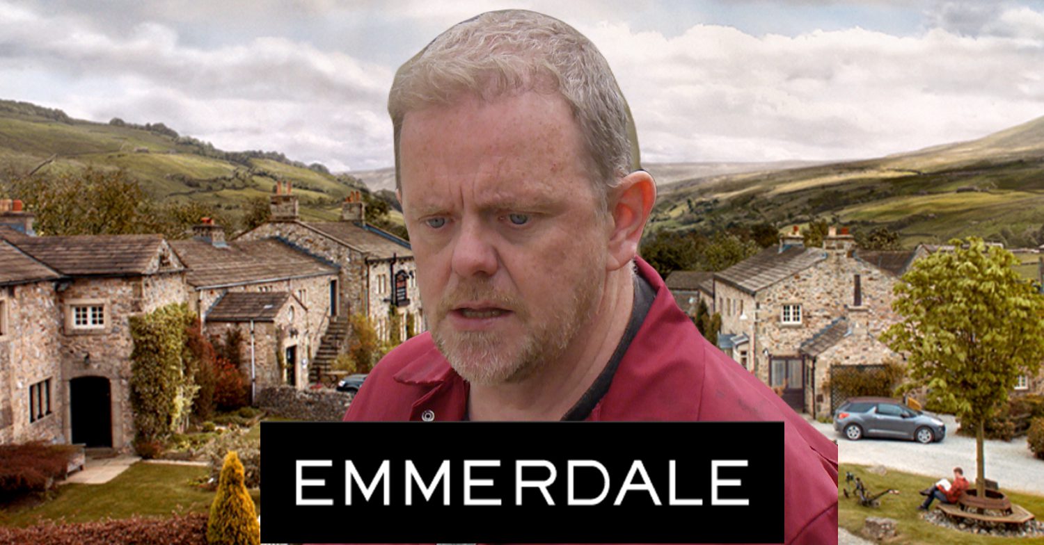 Emmerdale's Dan, the Emmerdale logo and the background of the Dales