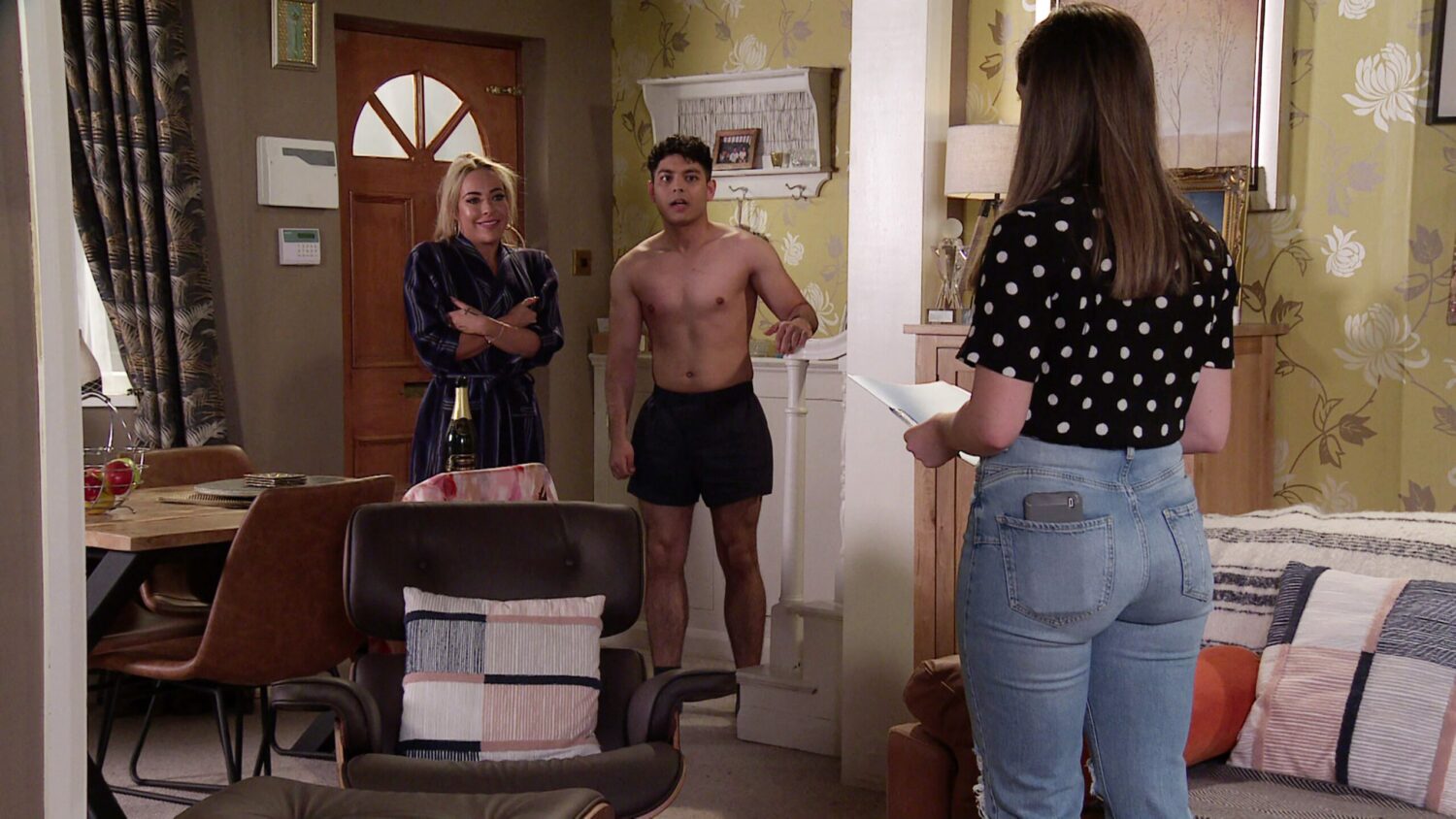 Courtney and Aadi in Coronation Street are in a state of undress when Amy catches them