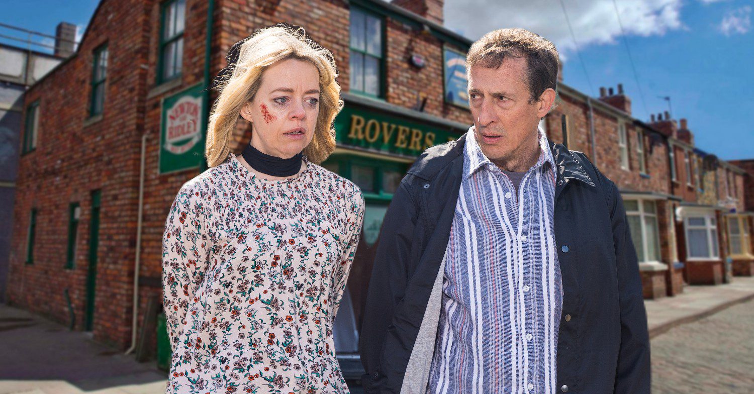 Spider and Toyah on a background of Coronation Street