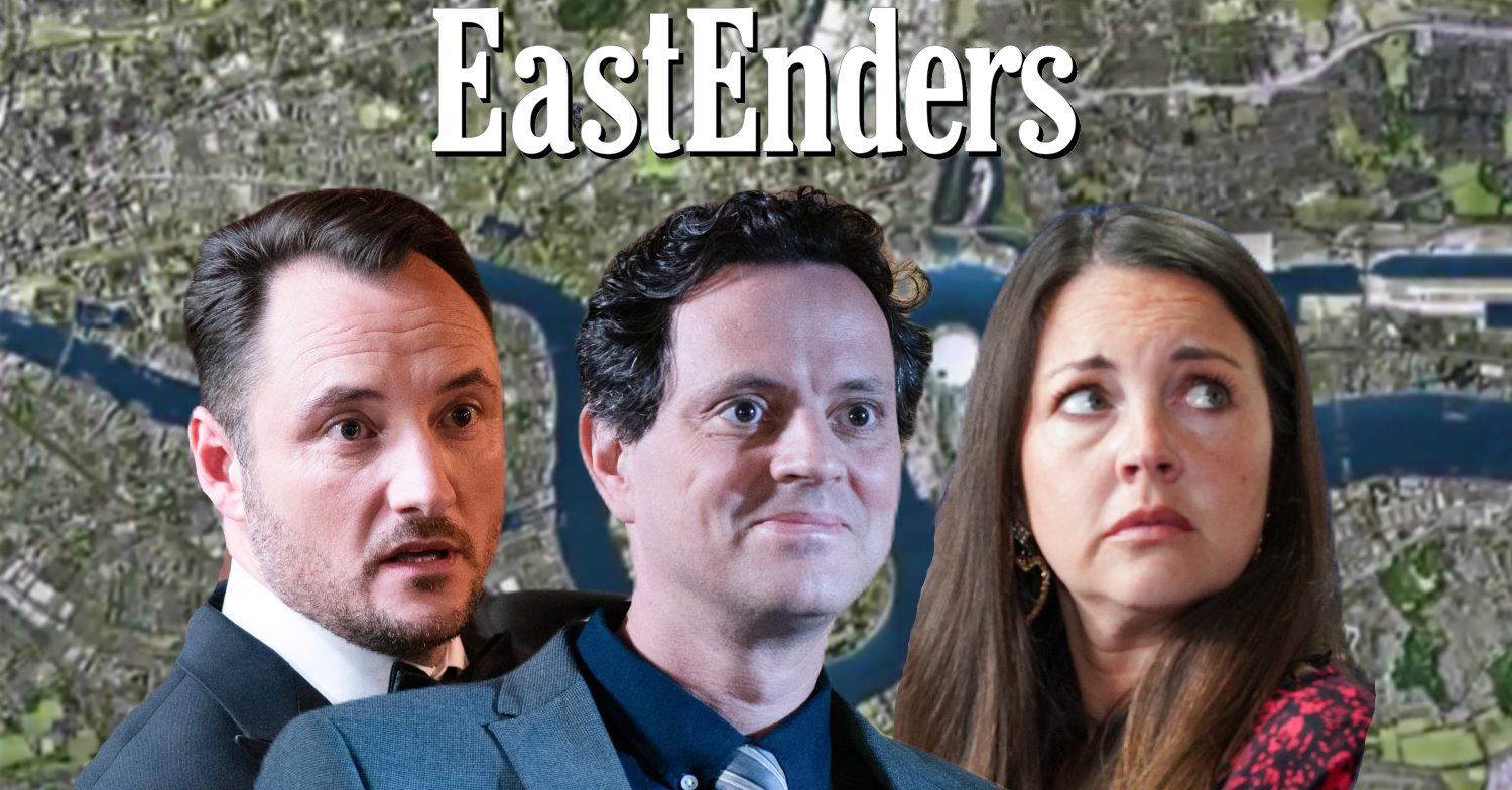 EastEnders' Martin, Theo, Stacey, the EastEnders logo and background of the Thames