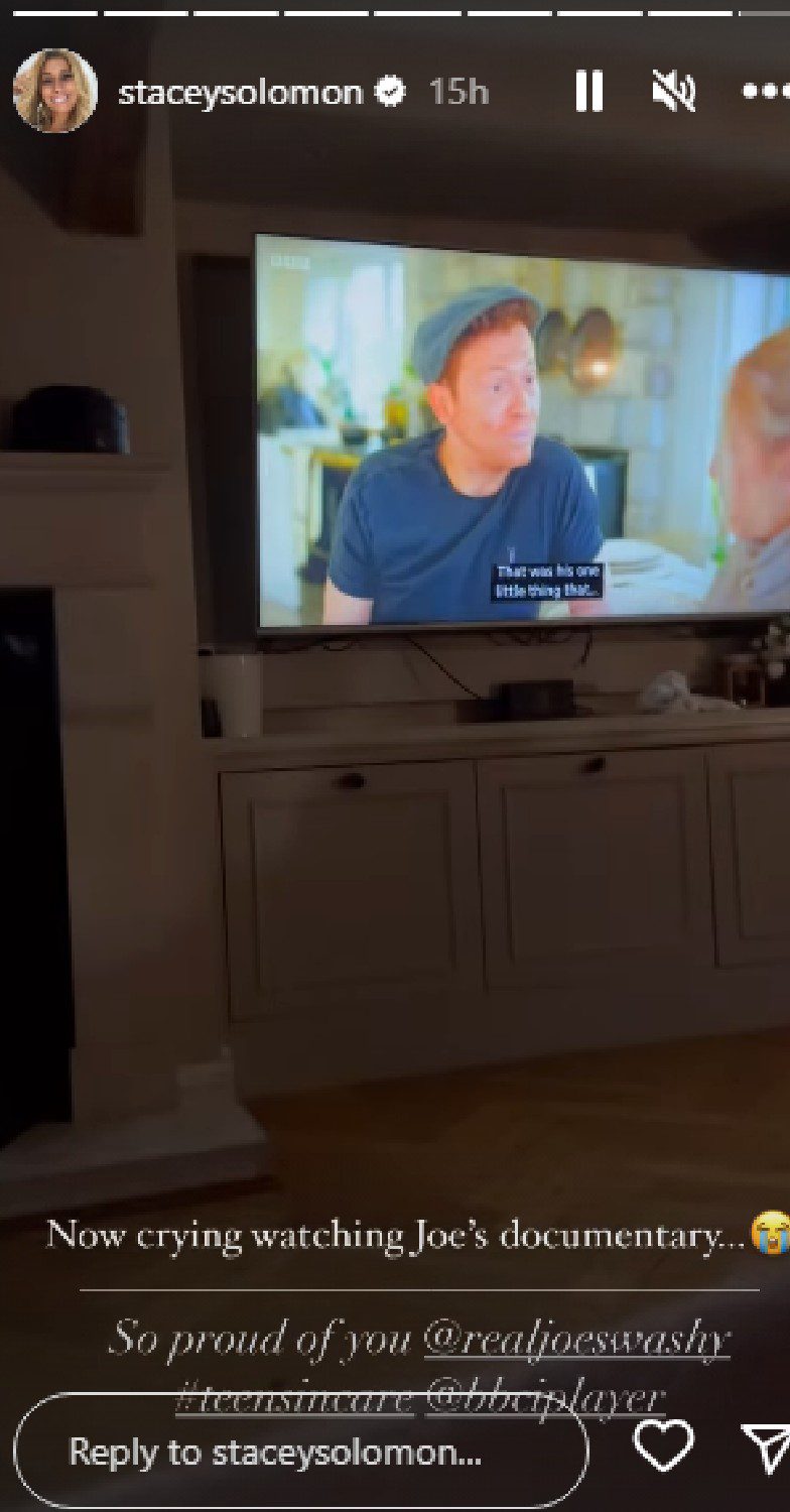 Stacey Solomon watching Joe Swash's documentary on Instagram