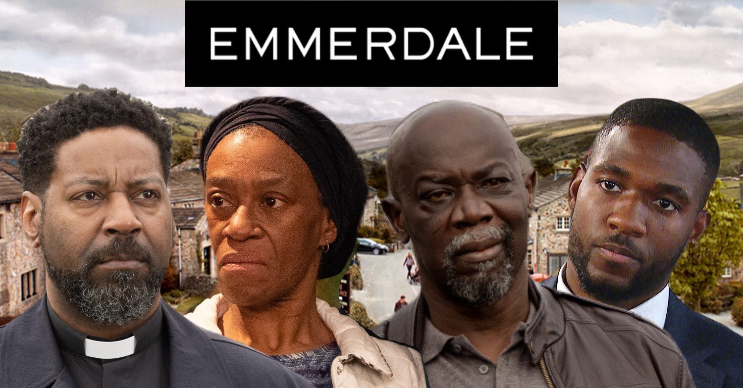 Emmerdale's Charles, Claudette, Victor, Ethan, the Emmerdale logo and background of the Dales