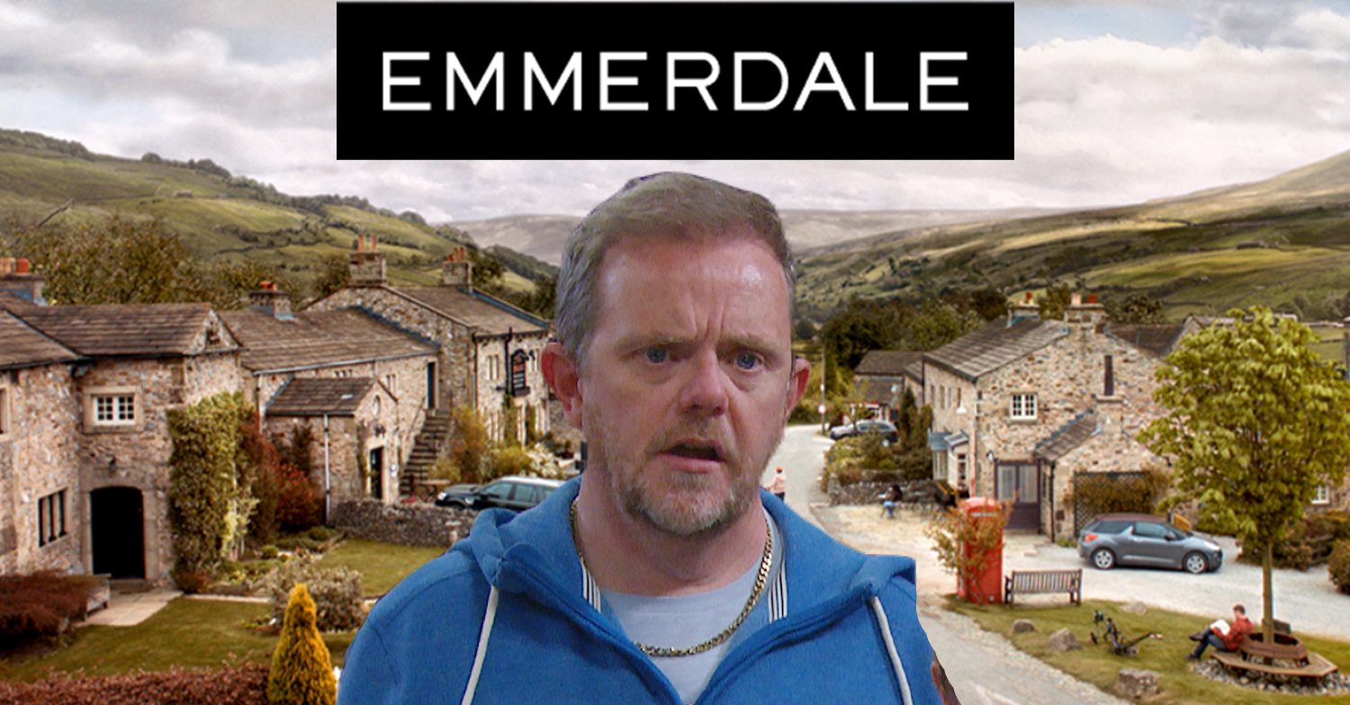 Emmerdale's Dan, the Emmerdale logo and background of the Dales