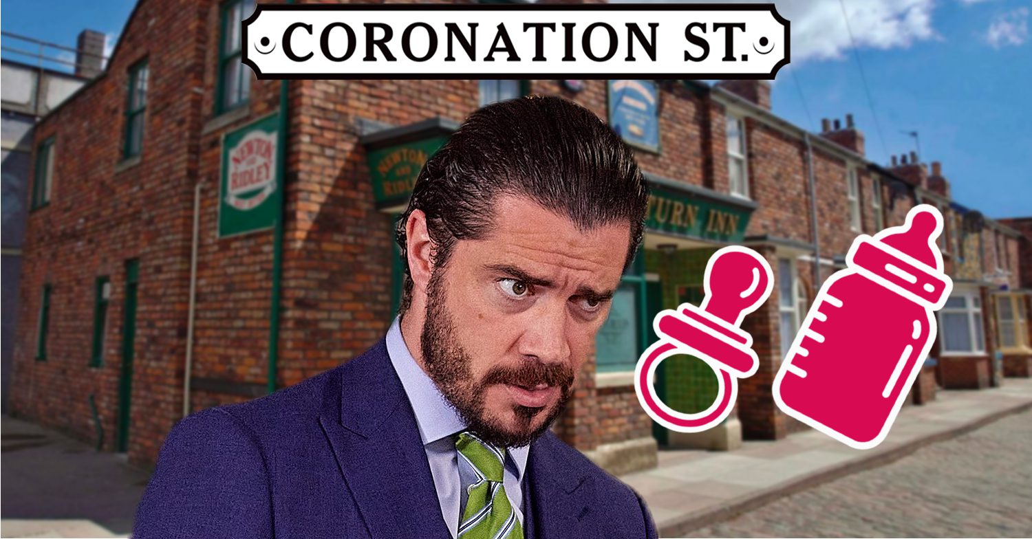 Coronation Street's Adam, a pink baby bottle and dummy, the Coronation Street logo and the background of the Rovers